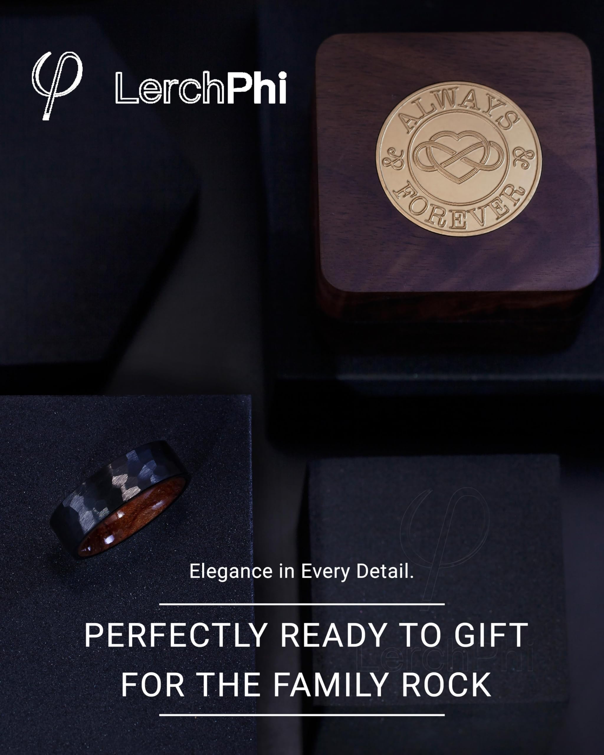LerchPhi Anillos de tungsteno martillado para hombre, anillos de madera KOA incrustados negros para hombre, anillos de compromiso de 8 mm para él
