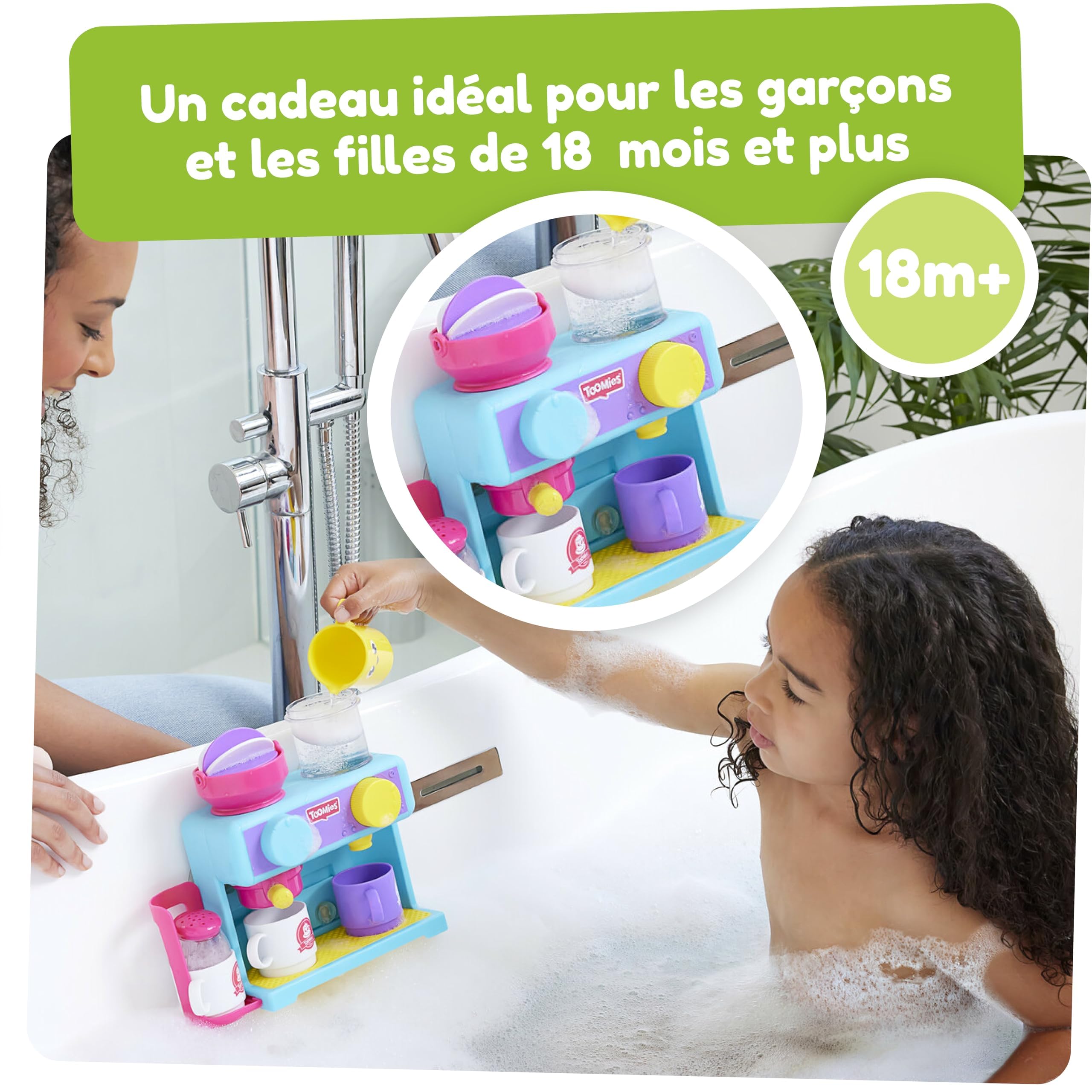 TOMY Toomies Machine à café pour le bain - Jouet de bain pour bébé - Jouet pour baignoire à fixer au mur - Coffret dinette enfant qui comprend 3 tasses, 1 pot et 1 shaker - À partir de 18 mois