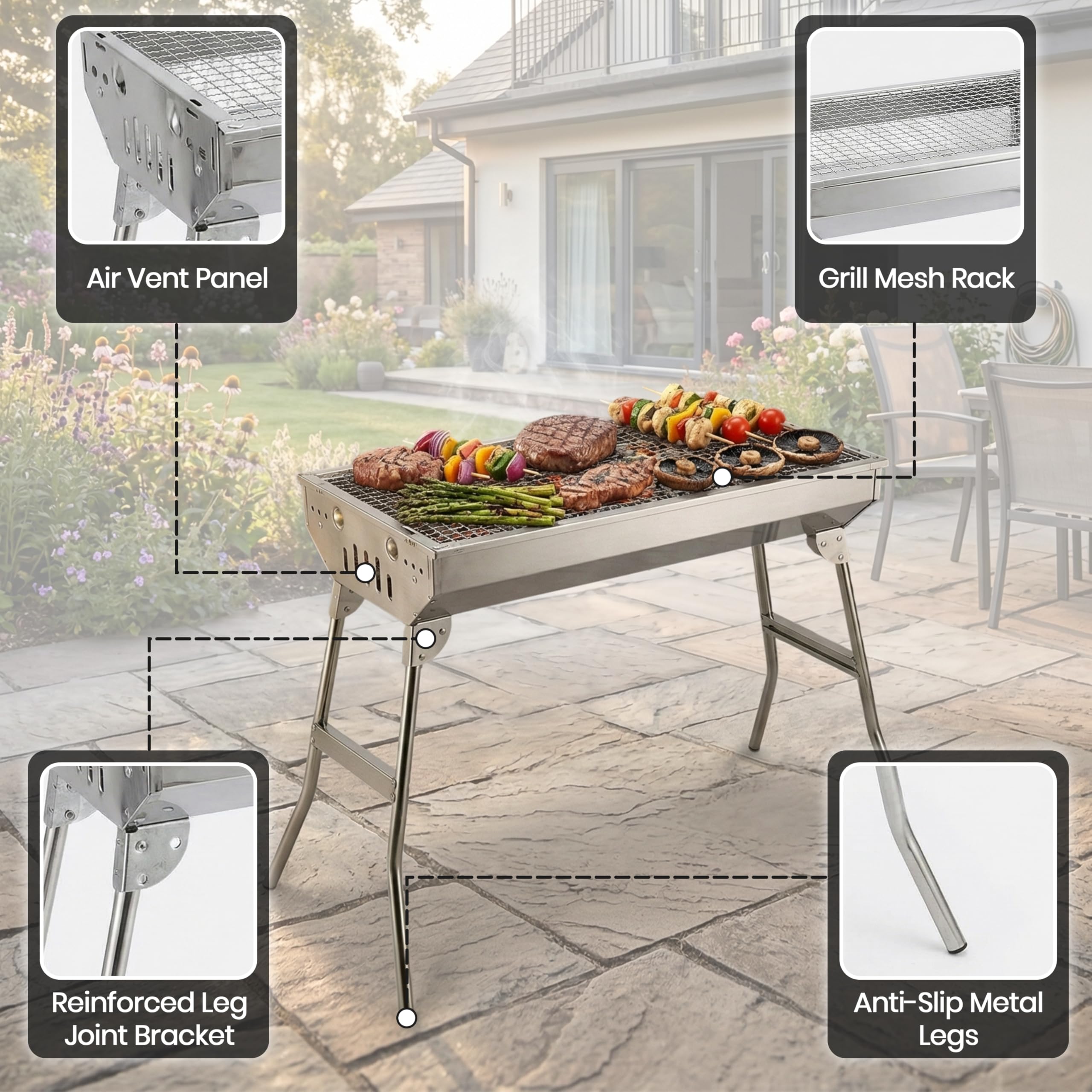 Stainless Steel Portable Charcoal BBQ Grill with Stand, Large Folding Barbecue Grill For Skewers, Burgers & Steaks, Heavy Duty Steel BBQ For Camping, Picnic, Backyard (33x70x73 cm) — view 4