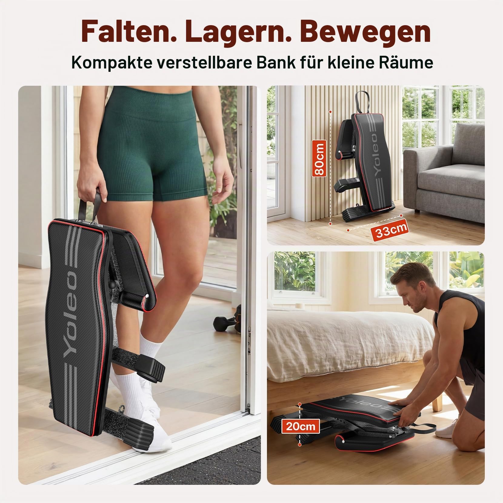 YOLEO Klappbare Hantelbank, ENISO-zertifiziert mit 375KG/400KG Tragfähigkeit, 98% Vormontiert, klappbare Fitnessbank mit 99 Positionen Steigung/Gefälle/Flach, Breiterer Sitz