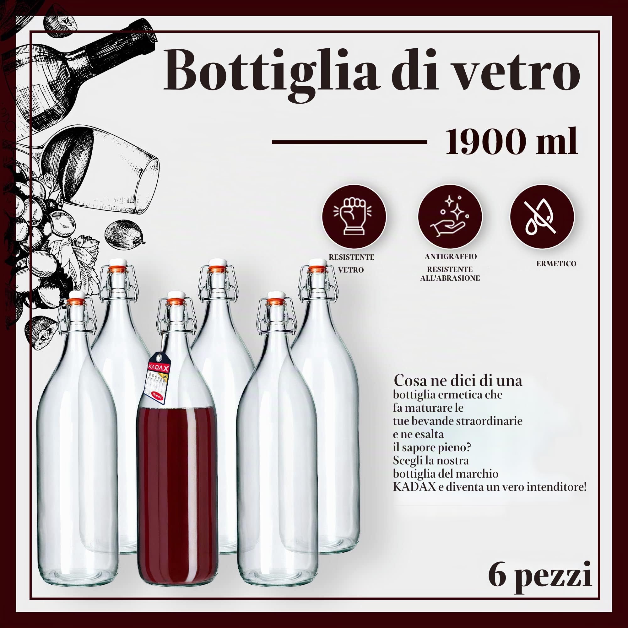 KADAX Bottiglia di Vetro, Bottiglia di alla Frutta, Bottiglia Vintage Fatta di sodaggas, Bottiglia di Stiratura Trasparente, Bottiglia di Serratura da Stiro, Bottiglia di (1,9 Litri, 6 Pezzi)