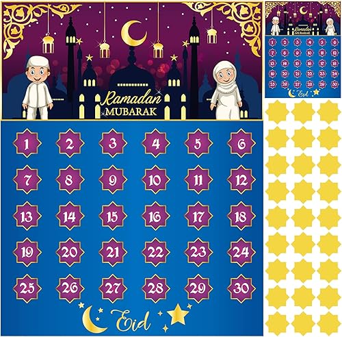 Calendario de Ramadán 2022 Eid Mubarak, calendario de cuenta regresiva de Ramadán, calendario de Adviento de Ramadán, decoraciones con 30 estrellas