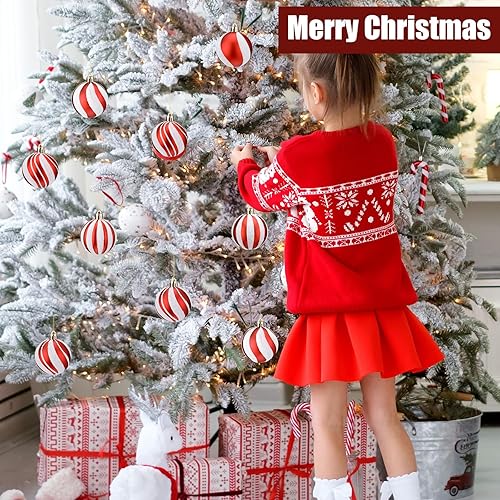 Miniatura 5 de Liliful 12 adornos de bola de Navidad de 2.4 pulgadas, decoraciones colgantes de plástico con purpurina, bolas de elfo, remolino, bastón de