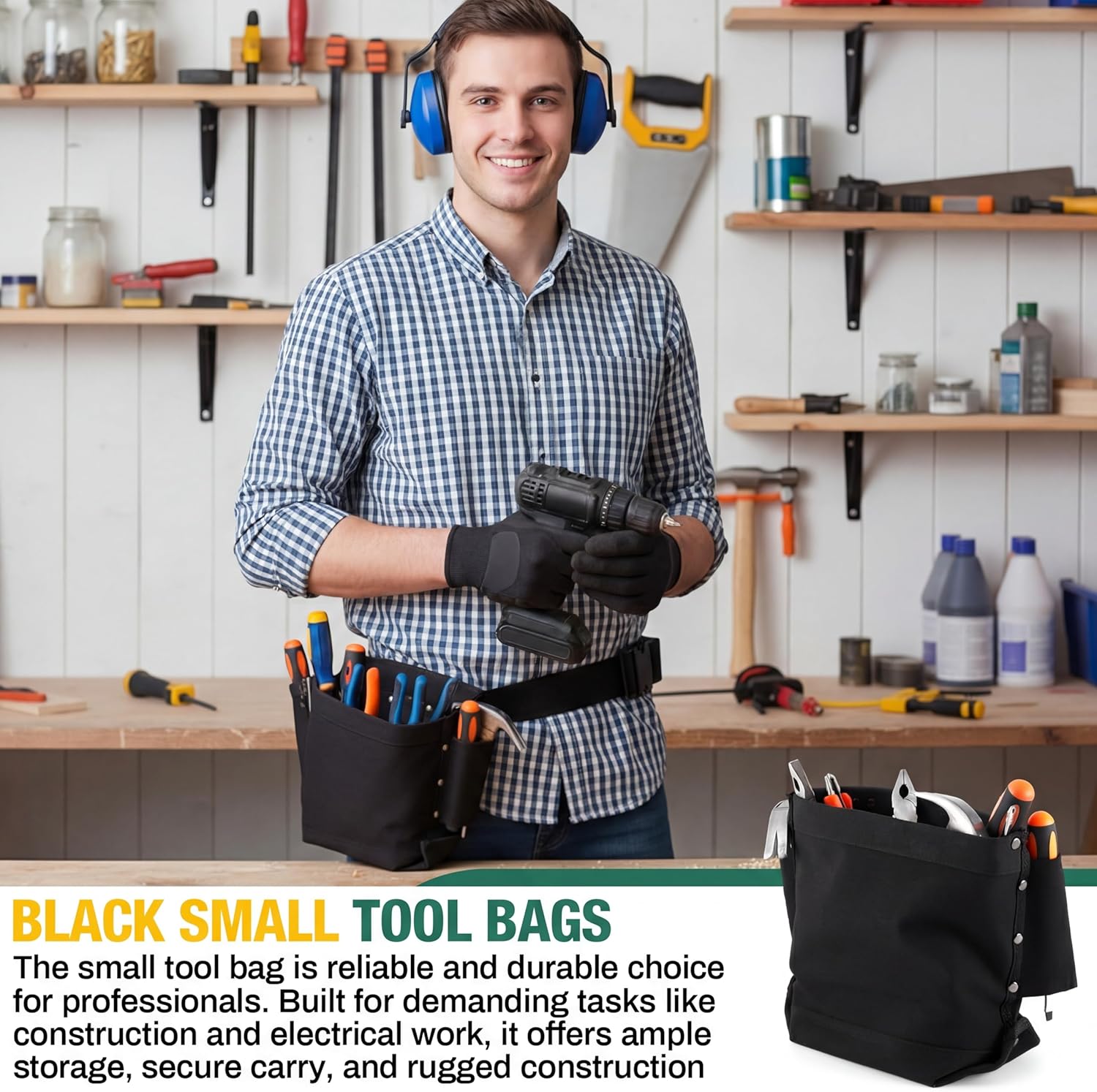 2 Pcs Tool Pouches 5" x 10" x 9", Small Tool Bags Tunnel Connection Utility Pouches for Nuts & Bolts, Double Reinforced Bottom with Belt Strap Connect & Bull Pin Loops for Outdoor Work