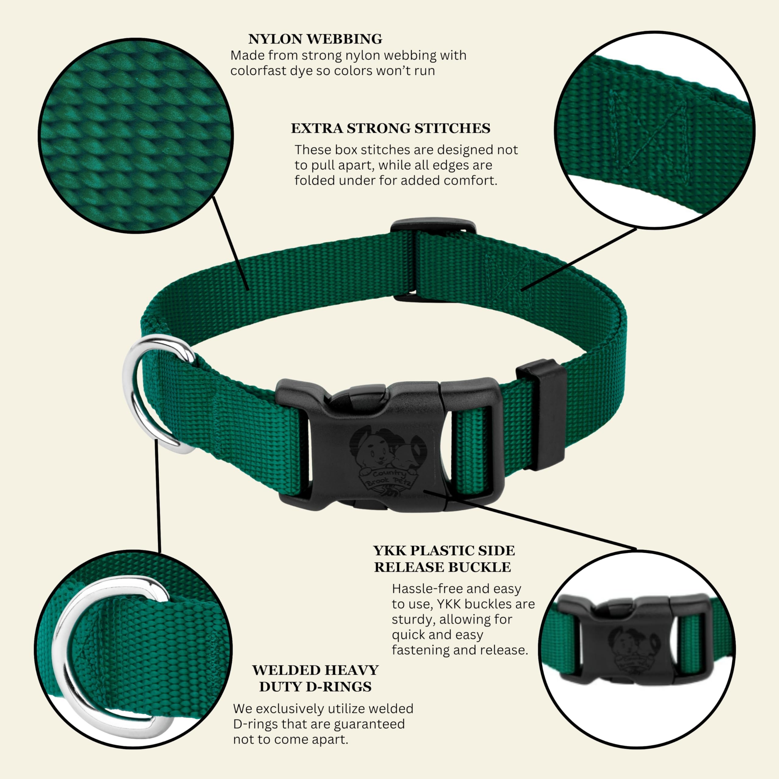 Country Brook Petz Hundehalsband, Nylon, für große, mittelgroße und kleine Hunde und Welpen, für den täglichen Gebrauch, in über 30 Farben (groß, 2,5 cm breit, grün)
