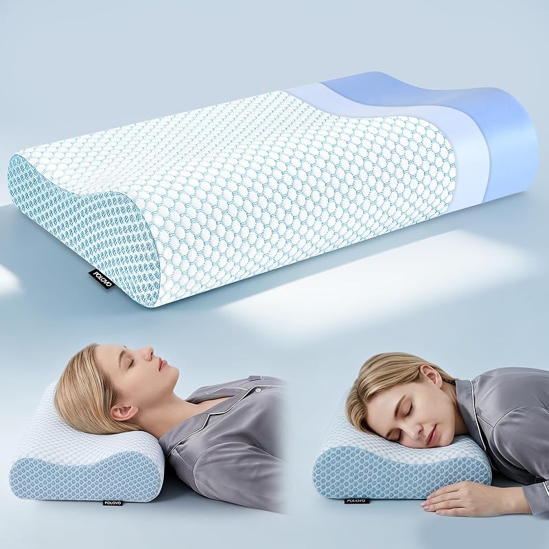 Polovo Almohada de cuello, almohadas de espuma viscoelástica para dormir, almohada cervical ergonómica, almohada de apoyo para el cuello, almohada de cama para personas que duermen boca abajo, almohada de contorno para aliviar el dolor de cuello y hombros (azul)
