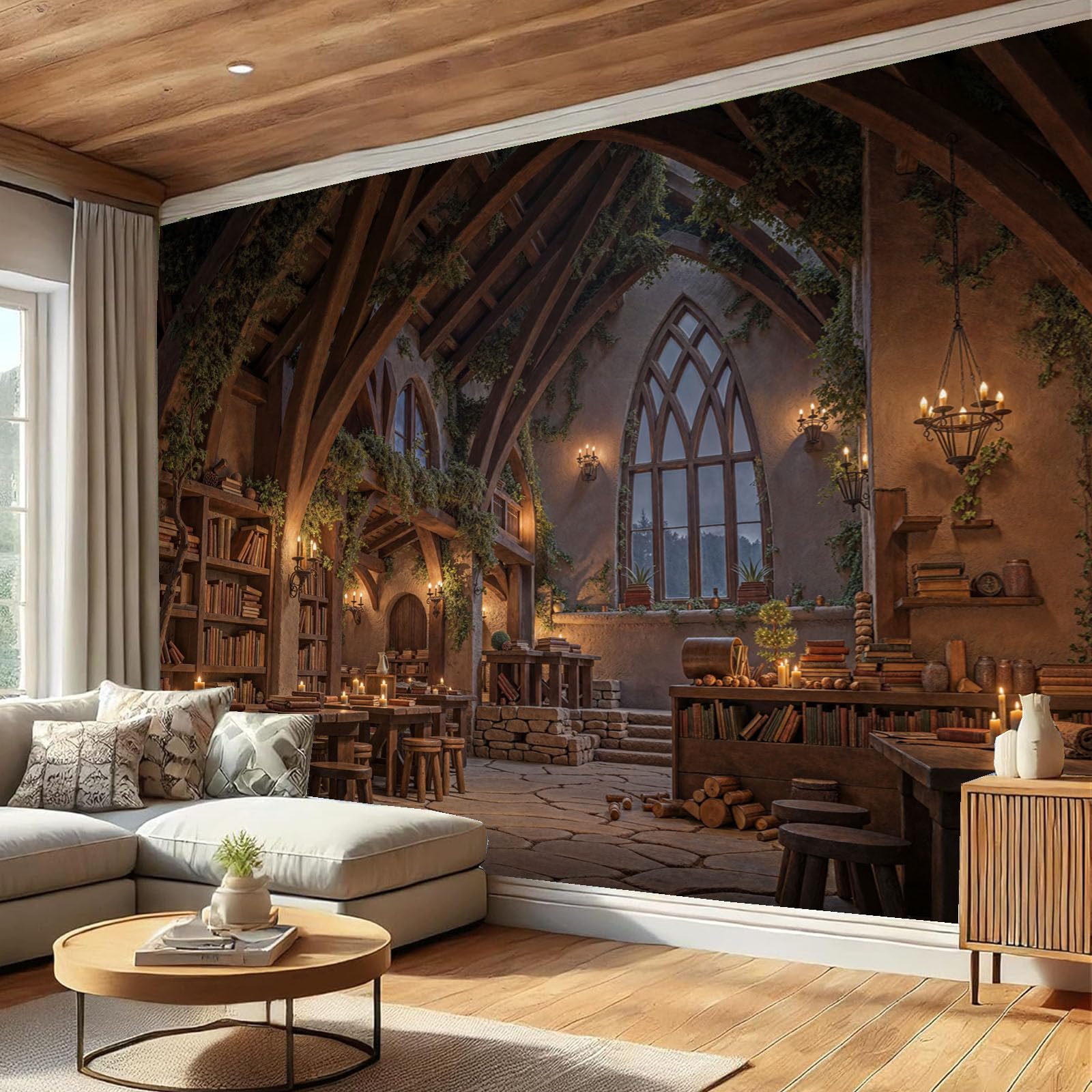 Papier Peint Panoramique Bibliothèque Bois pour Créer un Salon Cosy et Bureau Style Rétro 3D