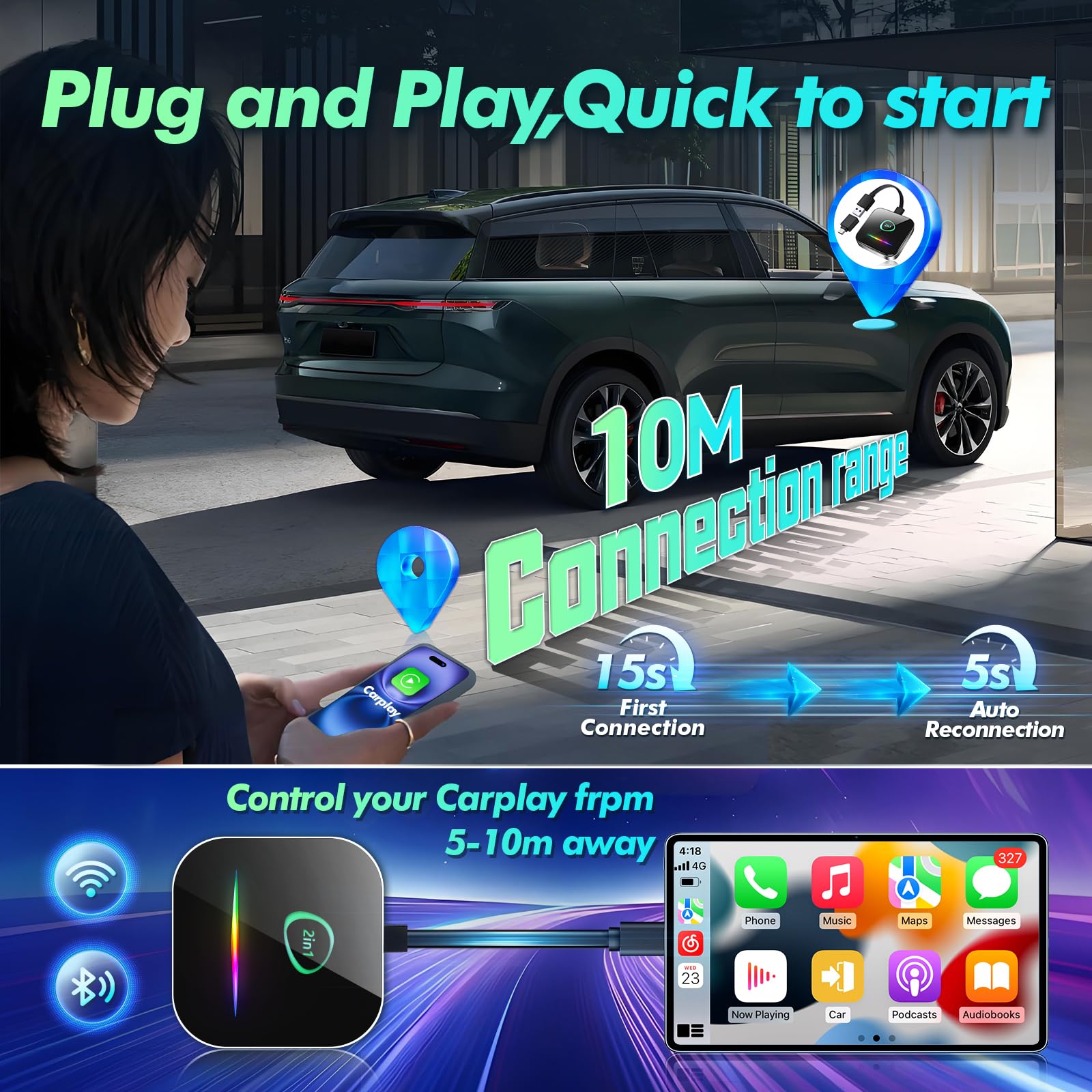 Bezprzewodowy adapter CarPlay 2 w 1 / adapter samochodowy z systemem Android 5,8 GHz połączenie WiFi Bluetooth, konwertuj przewodowy na bezprzewodowy, Plug & Play Dongle Car Play do