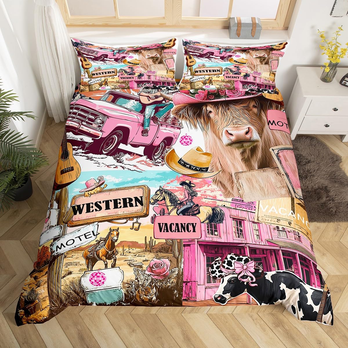 Homemissing Cowgirl Bedding Set Single Size Kids Wild West Duvet Cover Set for Boys Girls Highland Cattle Duvet Cover with 1 Pillowcase Rustic Standard Car Bedroom Decor โ image 1