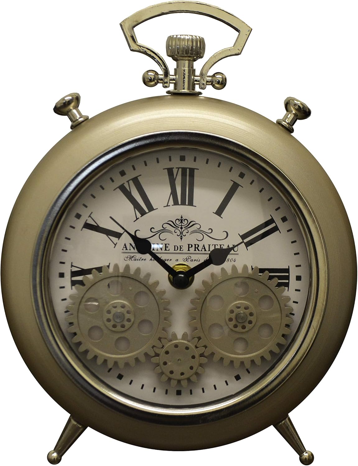 Reloj de escritorio de esqueleto dorado y plateado estilo cronómetro vintage con engranajes móviles