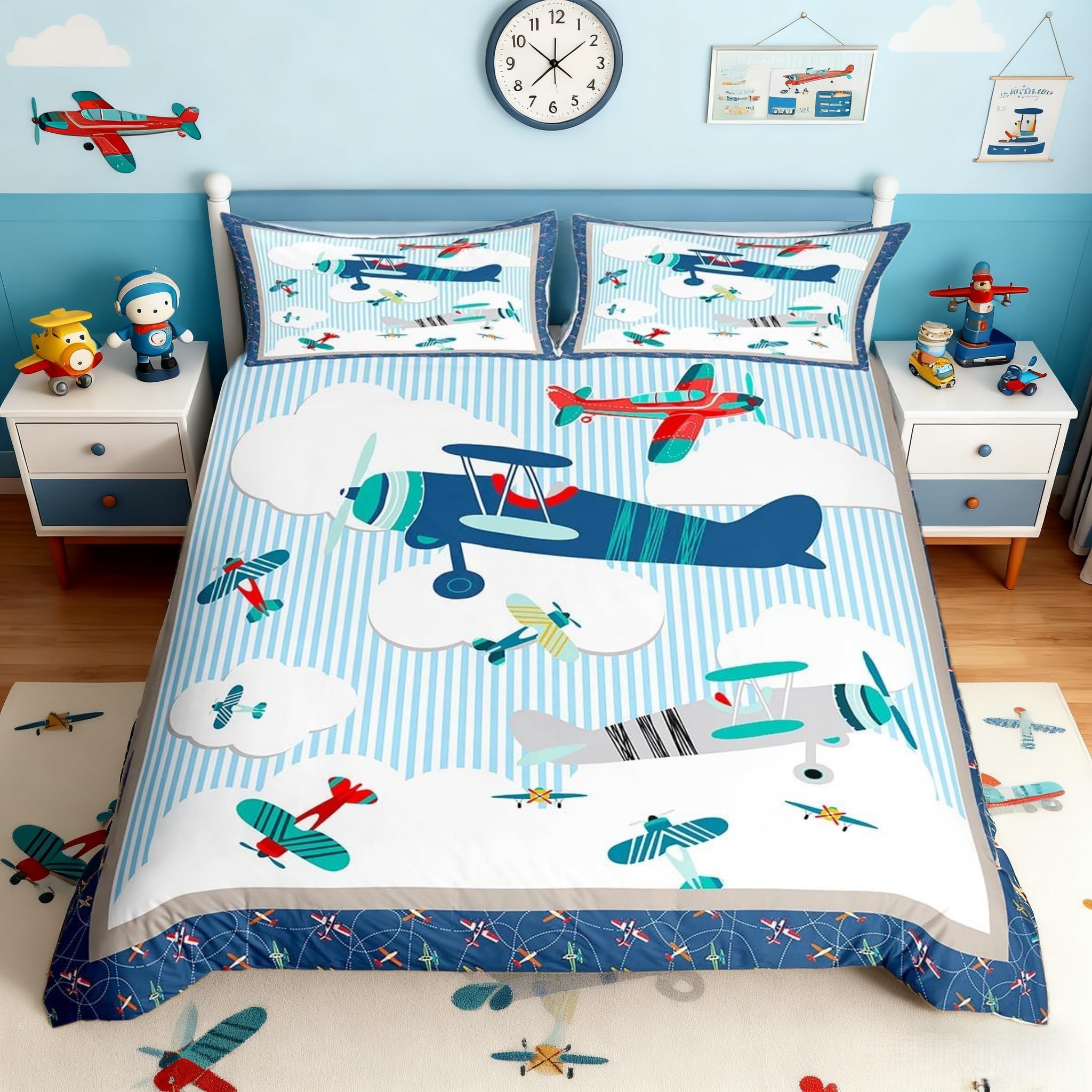 Kids Airplane Duvet Cover Blue Sky and White Clouds Bedding Set Aviation Aircraft Comforter Cover for Boys Girls Room Decor Modern Airplane Bedspread