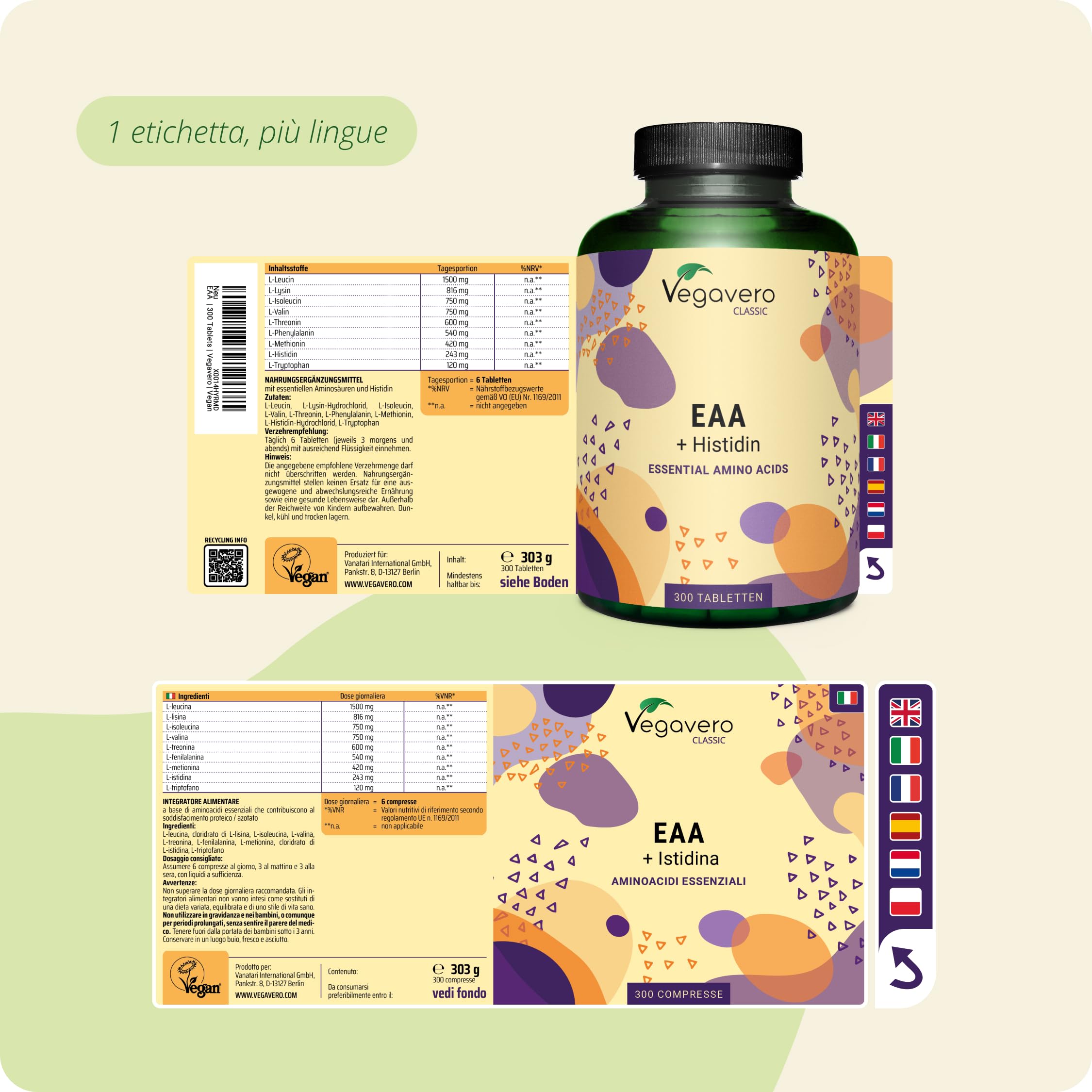 EAA Aminoacidi Essenziali | NATURALI da Fermentazione e SENZA ADDITIVI | Con Aminoacidi Ramificati BCAA 2.1.1 | 300 compresse | VEGAN | Vegavero