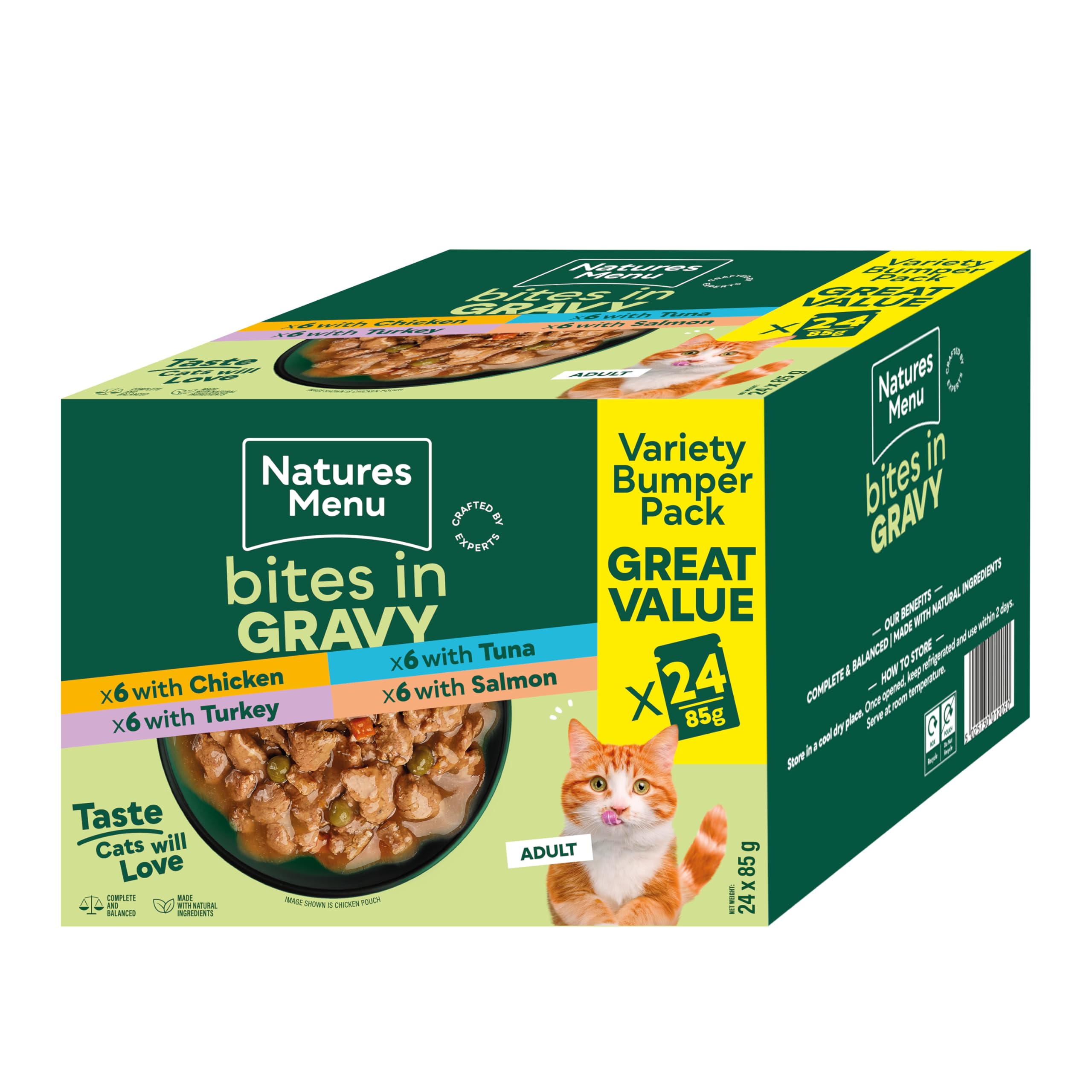 NATURES MENU BITES IN GRAVY WET CAT FOOD POUCHES VARIETY MULITPACK 24 X 85G