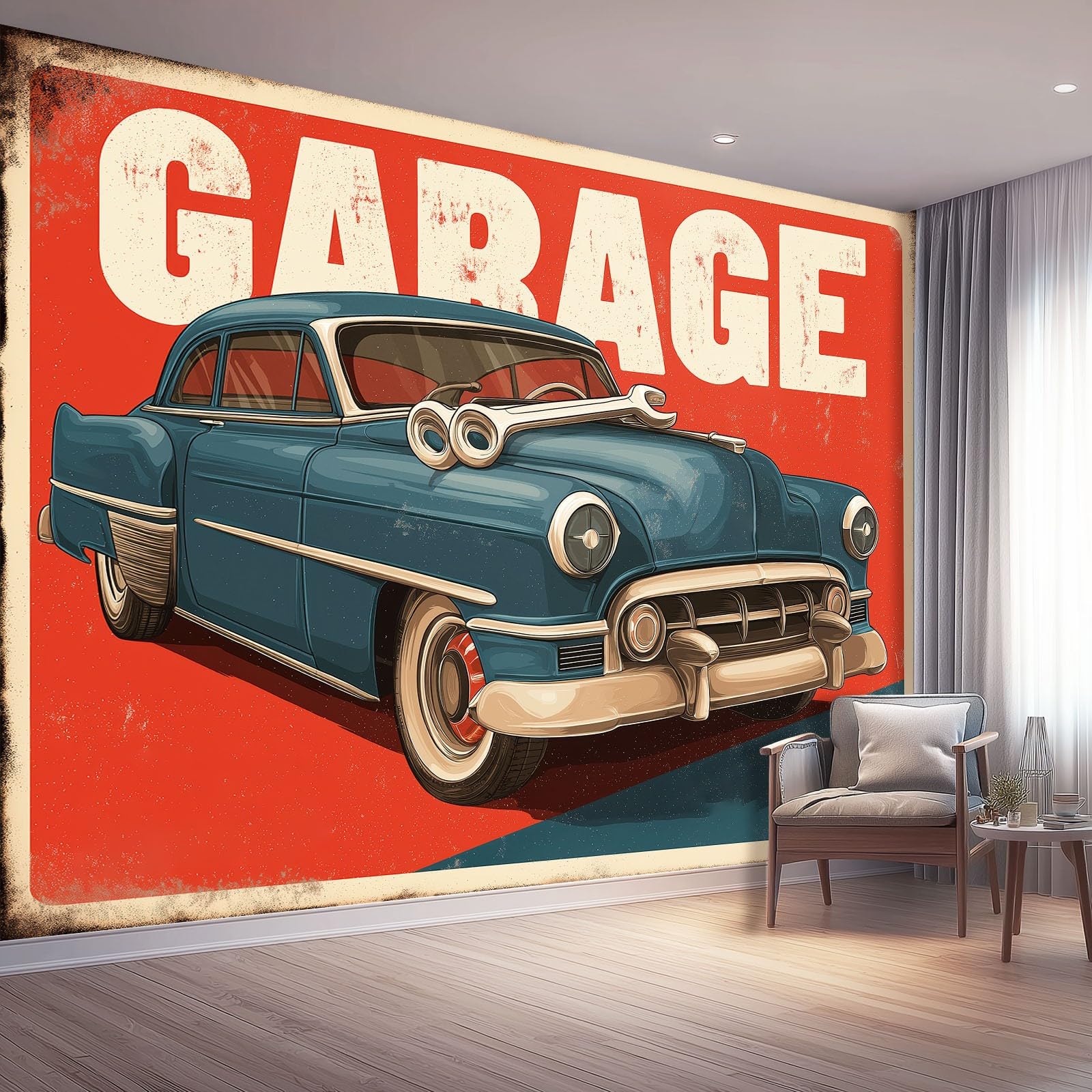 Tapeta samochodowa w stylu vintage 400 x 280 cm, plakat na ścianę mural dekoracja ścienna salon sypialnia pokój dziecięcy, czerwony