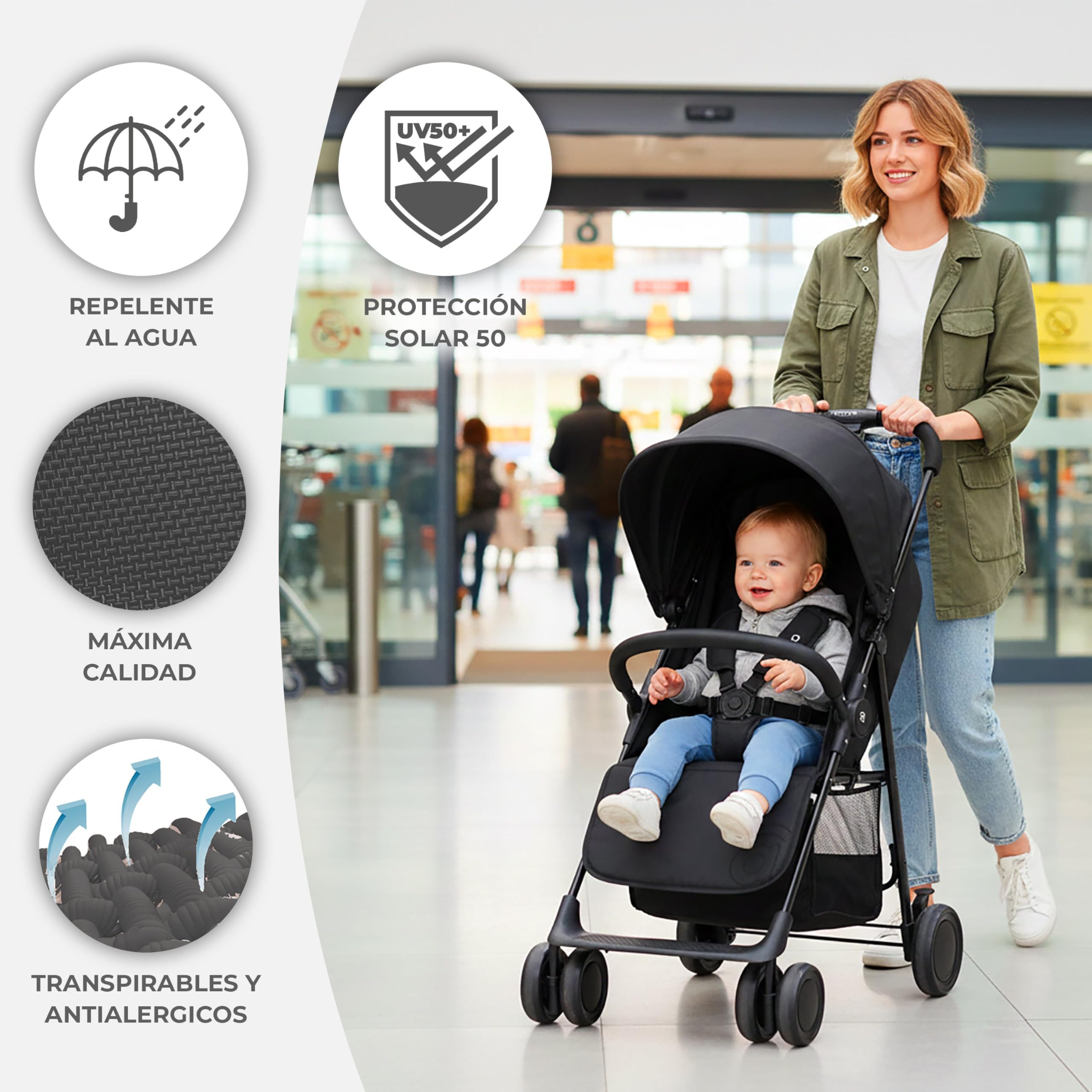 Silla de Paseo Ligera y Compacta para Bebé desde Nacimiento, Carrito Bebé Ultraligero 5,5 kg con Respaldo Reclinable, Capota Extensible, Arnés 5 Puntos y Suspensión – Asalvo NOVA Negro