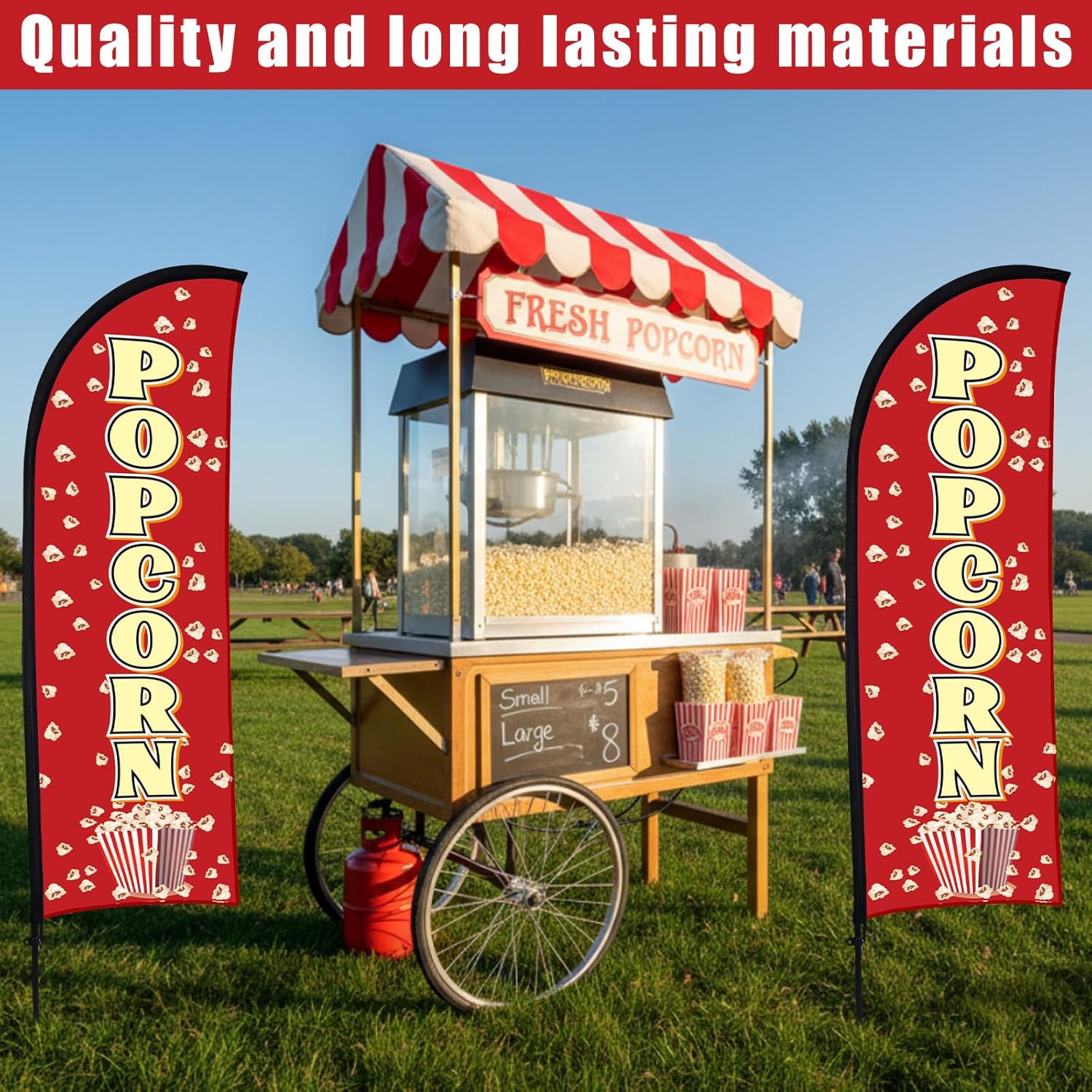 Buryeah 2 Sets Popcorn Feather Flag Pole Kit for Business Advertising 7 ft Fresh Popcorn Swooper Flag Banner Sign with Flagpole Ground Stake Portable Bag for Restaurants Food Trucks Events