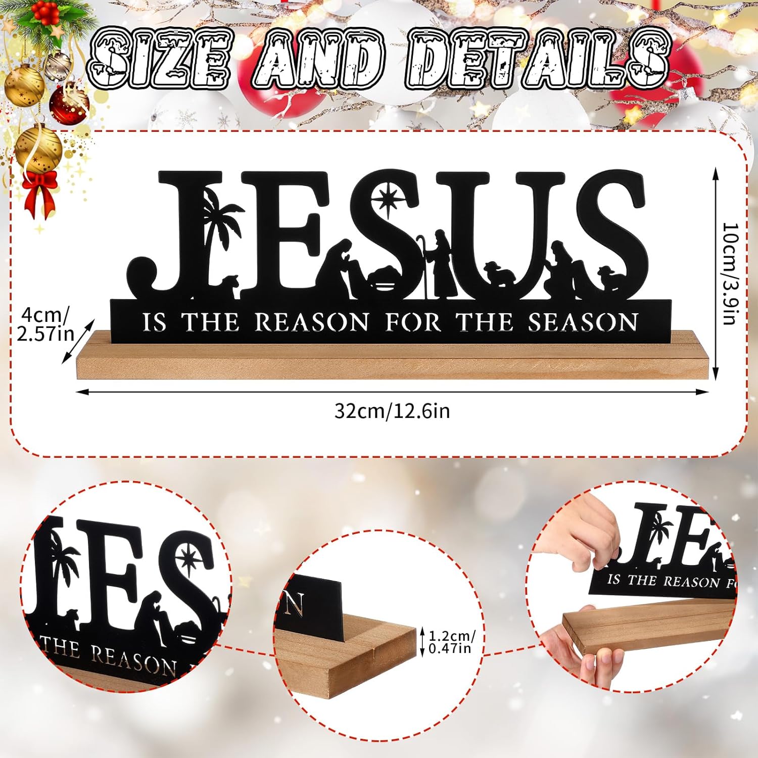 Pinkunn Metal Nativity Sets for Christmas Decorations Black Metal Nativity Scene with Wooden Base for Christmas Xmas Home Indoor Office Kitchen Table Shelf Mantel Tabletop Decor(Jesus)