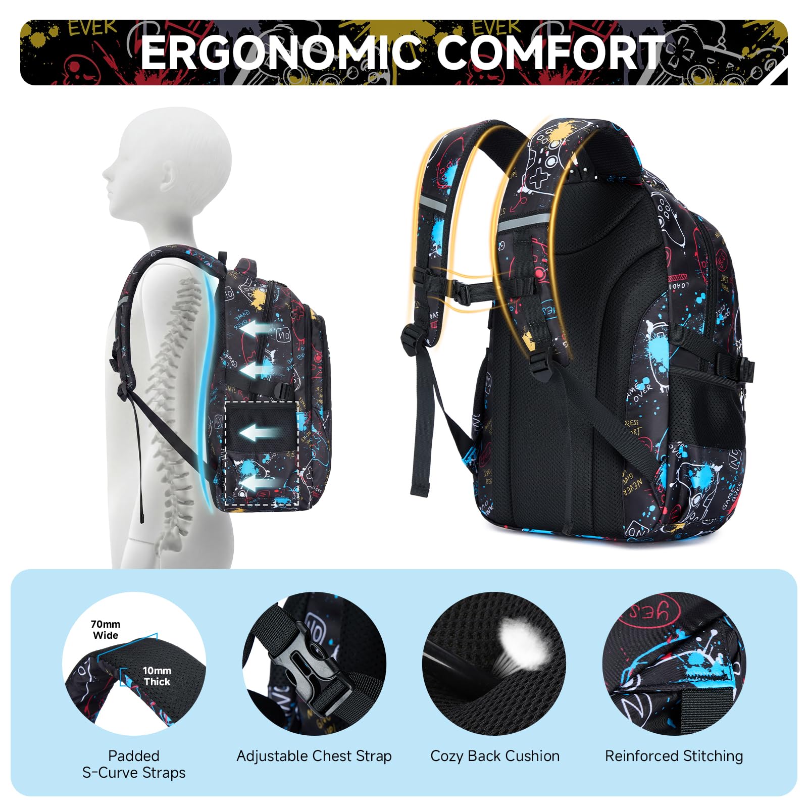 Amythe Zaino Ragazzi - Scuola Elementare e Media - Set Completo con Borsa Petto, Borza Pranzo & Astuccio – Zaino Adolescenti Grande Leggero Impermeabile per Scuola & Viaggi, Nero
