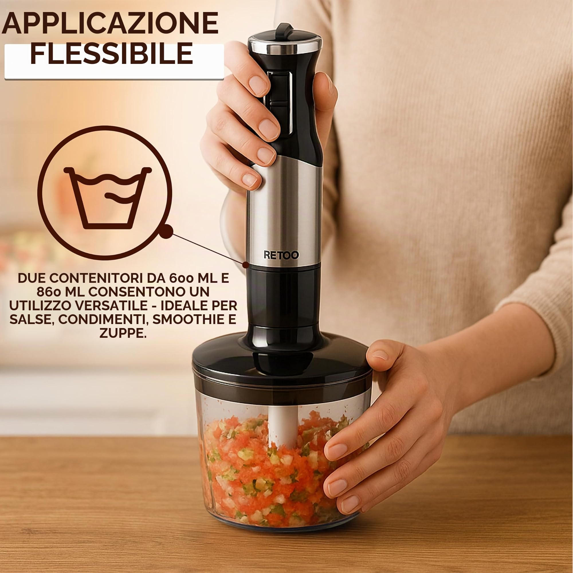 Retoo Set di frullatori a mano multifunzione, 1200 W, 15000 giri/min, turbo e 8 livelli di velocità, collo anti-spruzzi