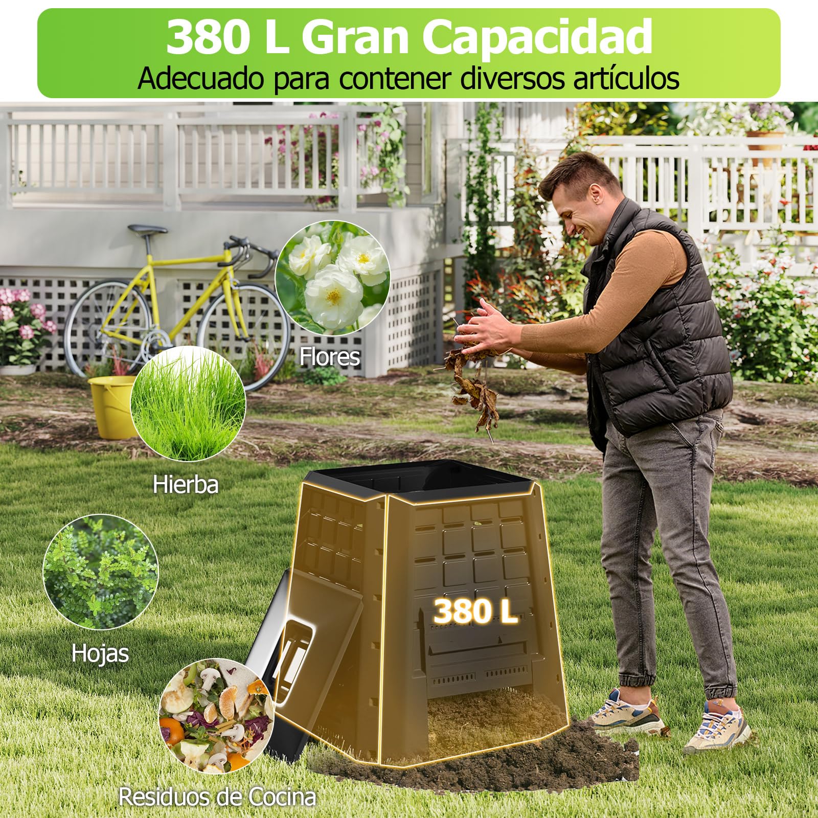 GOPLUS Compostador de Jardín de 380 L con Ventilación | Cubo de Compost Exterior con Tapa y Puerta, Compostera de PP Resistente a la Intemperie para Residuos Orgánicos