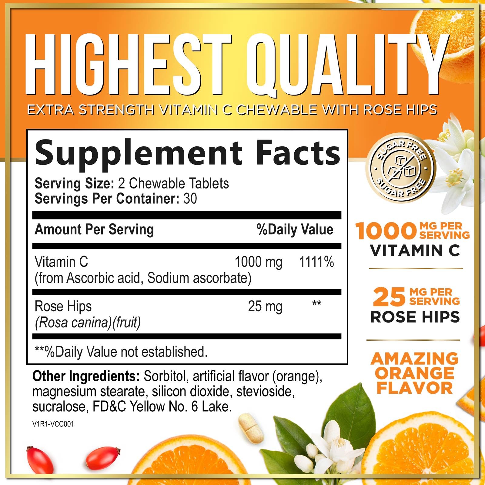 Vitamin C 1000mg Per Serving - Extra Strength with Rose Hips Bioflavonoids - Sugar Free Vitamin C Chewable Pills, Vit C Supplement for Immune Support & Antioxidant, USA Bottled - 60 Chewable Tablets — Amazon image 2