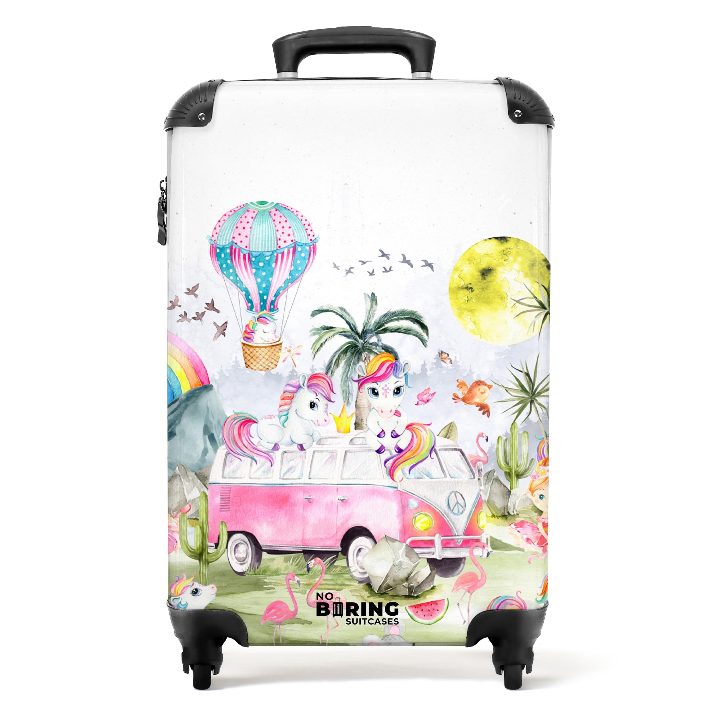 NoBoringSuitcases.com® Kinderkoffer Mädchengeschenke Handgepäck Koffer Reisetasche mit Rollen Kinder - Pink - Einhorn - Regenbogen - Kinder Koffer Madchen Trolley, 55x40x20