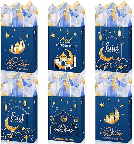 24 bolsas de regalo Eid Mubarak con papel de seda, bolsas de regalo musulmanas Ramadán con asa, bolsas Mubarak Eid Goodie Bolsas para eventos Eid,