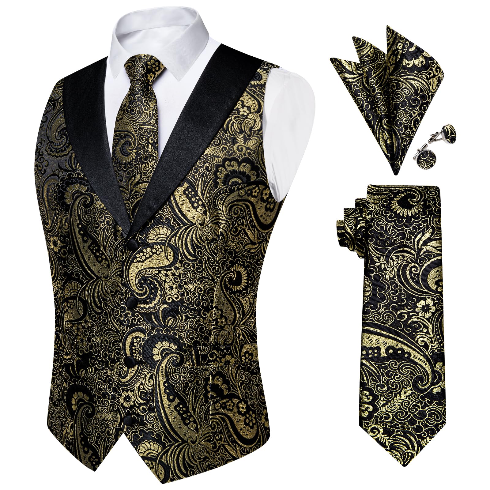 DiBanGu Mens Paisley Vest Silk Sleeveless Suit Vest and Neck Tie Pocket Square Cufflinks Set for Wedding Formal