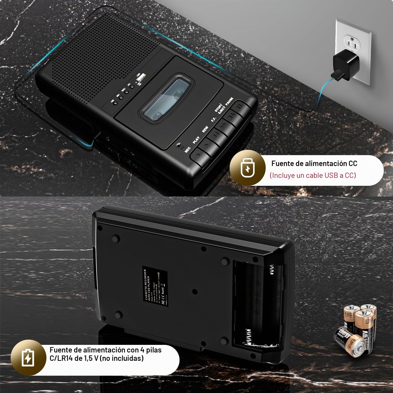 Grabador de Cassette, Reproductor de casetes móvil y digitalizador USB,con Altavoz y micrófono,Mango Extensible, Auriculares