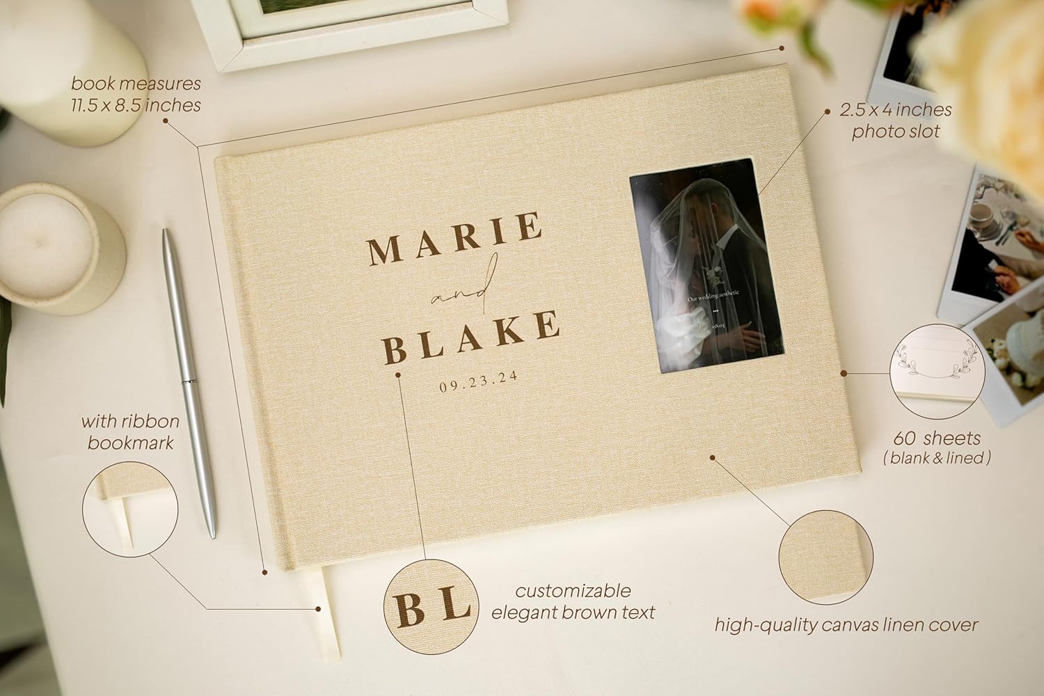 Personalized Wedding Guest book with Photo Cover (Canvas Linen - Design 3) - Custom Guest Signing Book For Ceremony Reception Table Decoration Party Event, 11.5"x8.5" Book with 2.5" x 4" Photo Slot