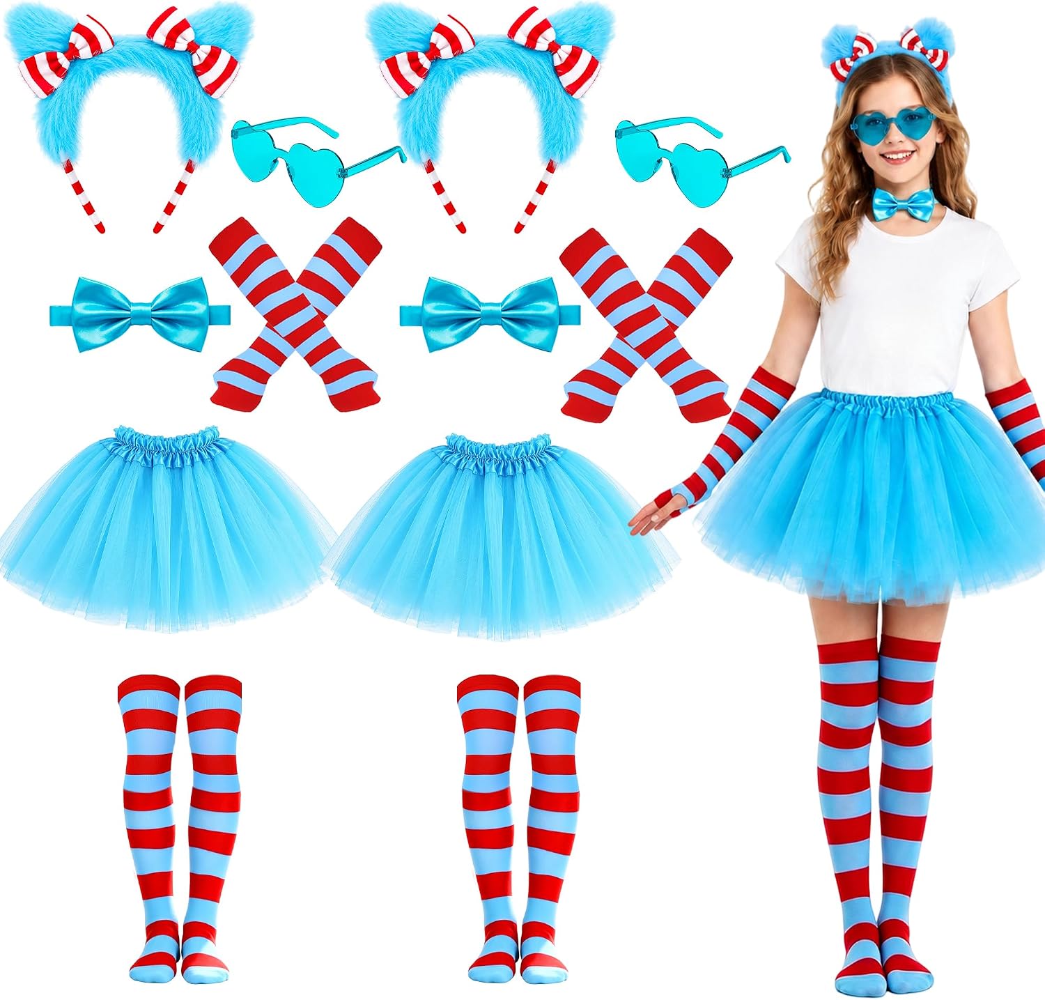 Halloween Thing Costume Accessories Set, Blue Tulle Tutu Skirt Striped Socks Headband Gloves for Cosplay Dress Up