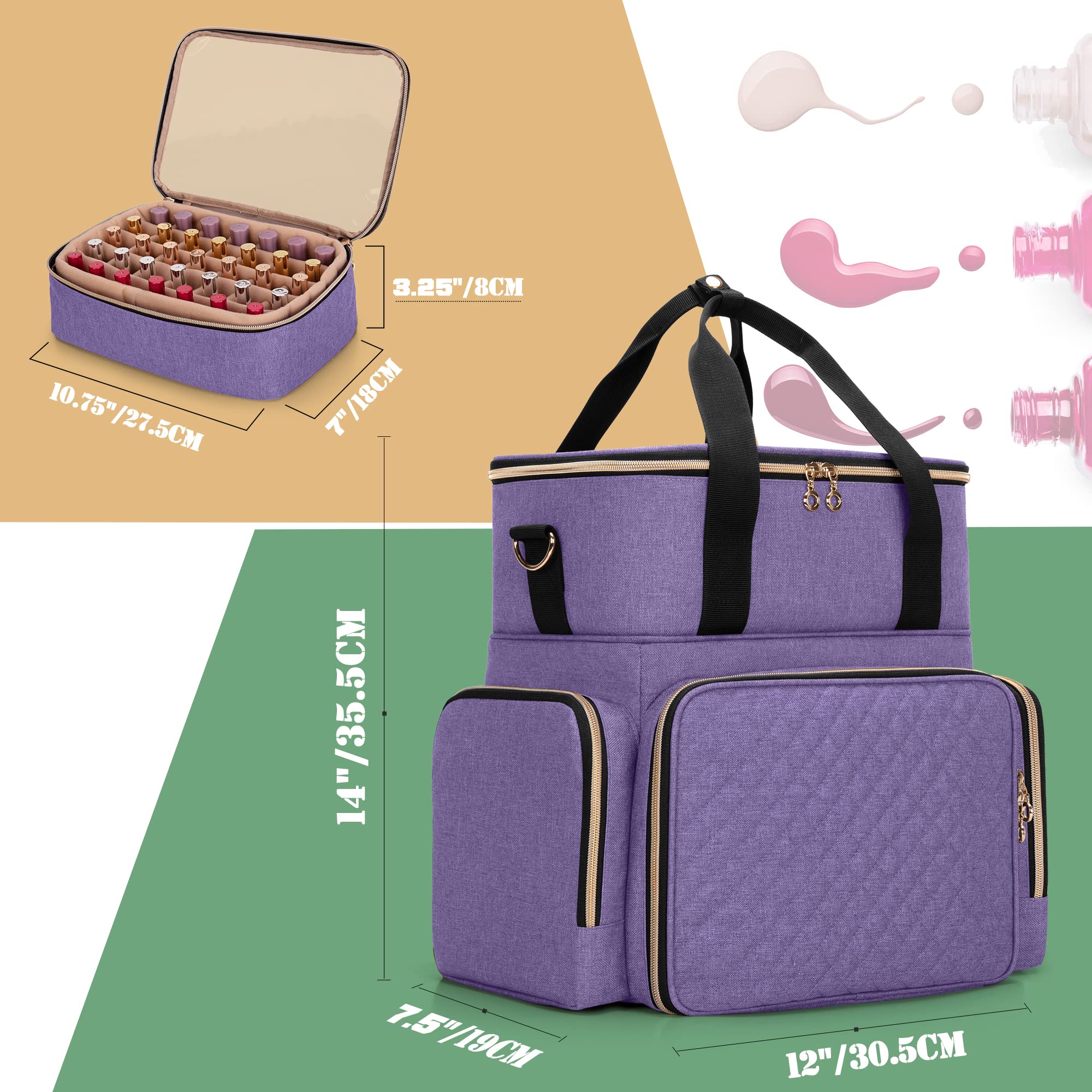 Luxja Organizer na lakier do paznokci mieści 70 butelek i lampę do paznokci, etui na lakier do paznokci z 2 wyjmowanymi torbami i kieszeniami na narzędzia (zgłoszony do opatentowania), Fioletowy,