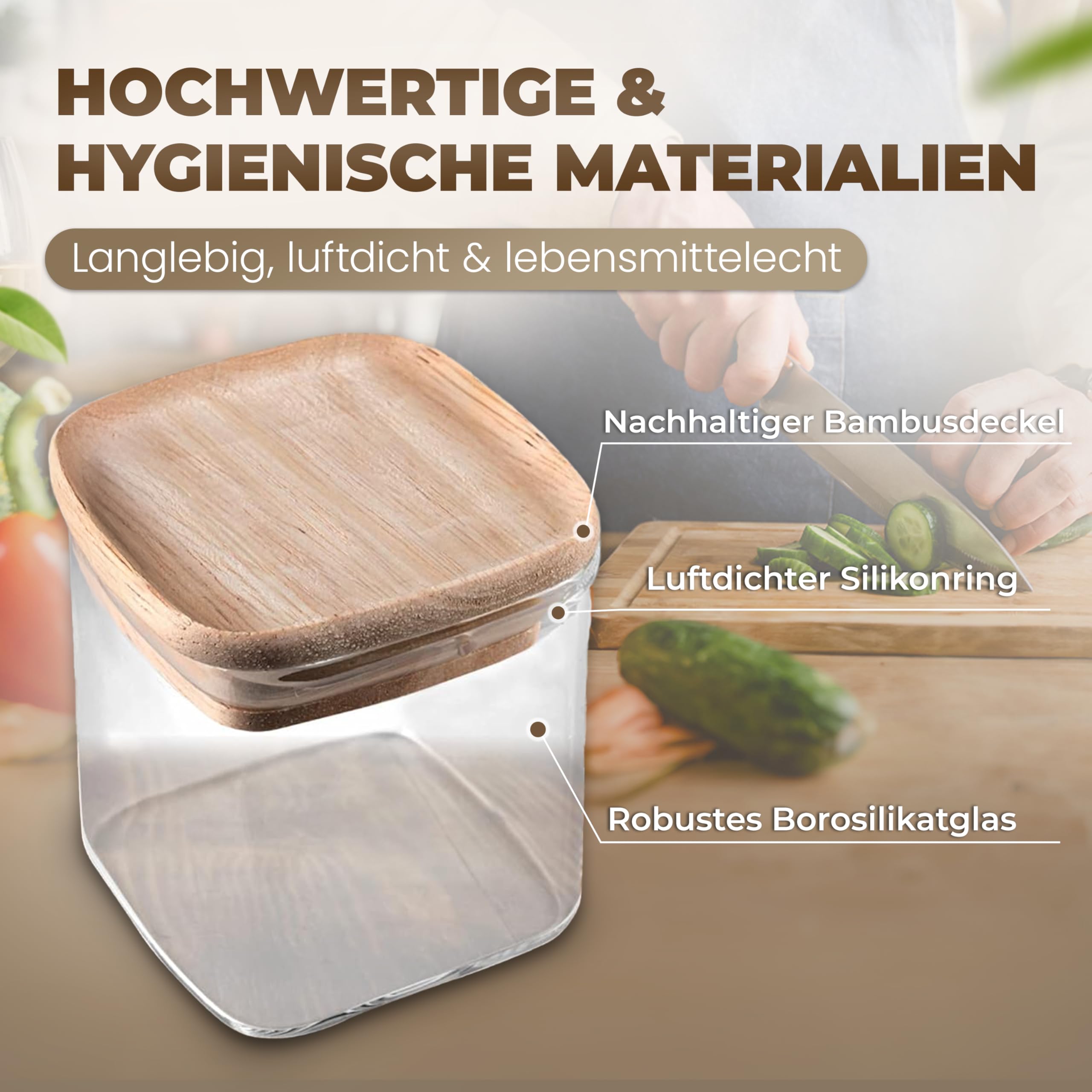 Stapelbare Gewürzgläser Set 150 ml Eckig - 12 Stück - Vorratsdosen aus Glas luftdicht - Bambus Holzdeckel - mit Etiketten & Kreidestift - Gewürzaufbewahrung, Küchenorganisation, Vorratsglas