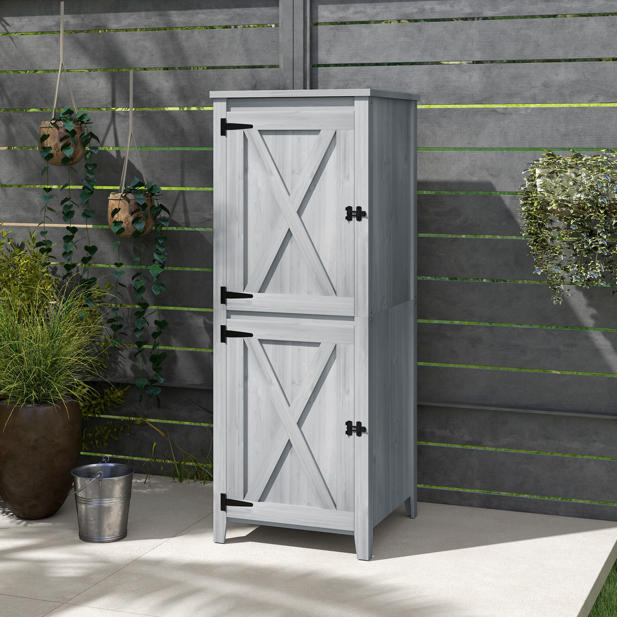Outsunny Gartenschrank Holz Wetterfest Geräteschrank 60x60x160cm Hellgrau | Geräteschuppen, Gartenschuppen mit Ablagen, Doppeltür, Abschließbar, Gerätehaus Werkzeugschrank, Draußen Schrank