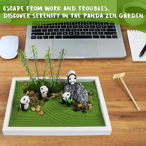 Miniatura 5 de Panda Mini jardín zen para escritorio de 11 x 8 pulgadas, cuenco de arena automático zen para jardín, decoración de escritorio japonés, kit de