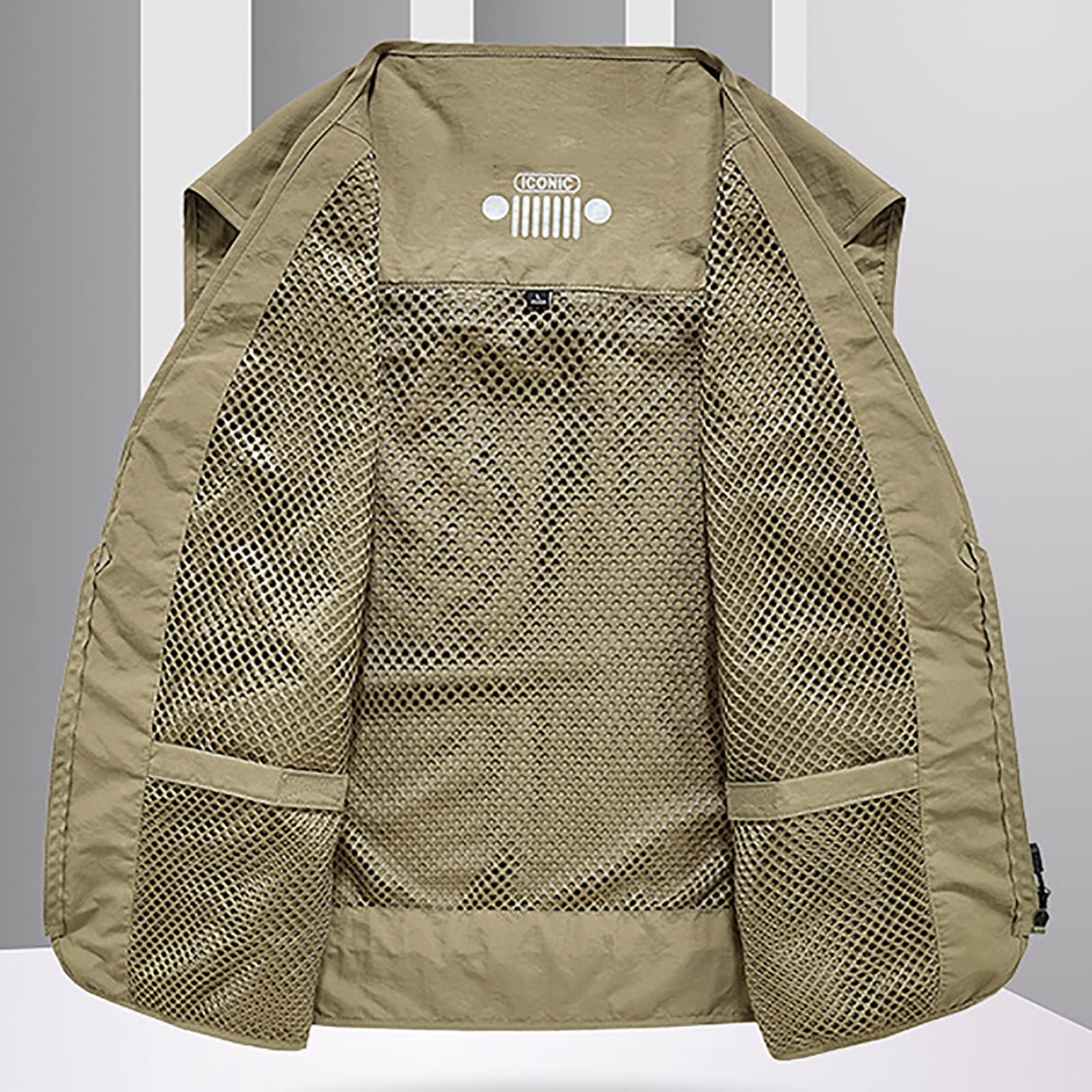 Hombres Chaleco de Pesca Secado Rápido Malla Respirable con Multibolsillos para Fotografía Caza Cámping(Size:L,Color:Caqui)