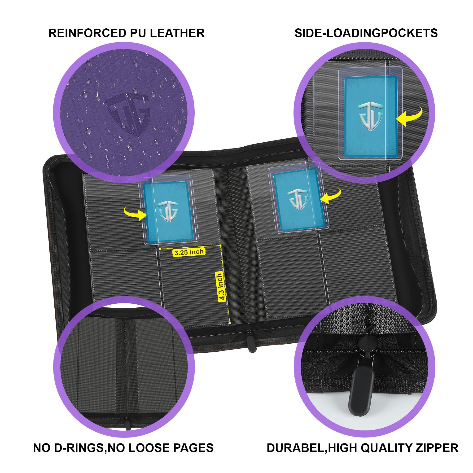 TCGUARD Toploader - Album di carte da collezione per 112 Toploader, 4 scomparti con tasche per carte Rigid Toploader da 7,6 x 10 cm, per TCG, carte MTG (viola)