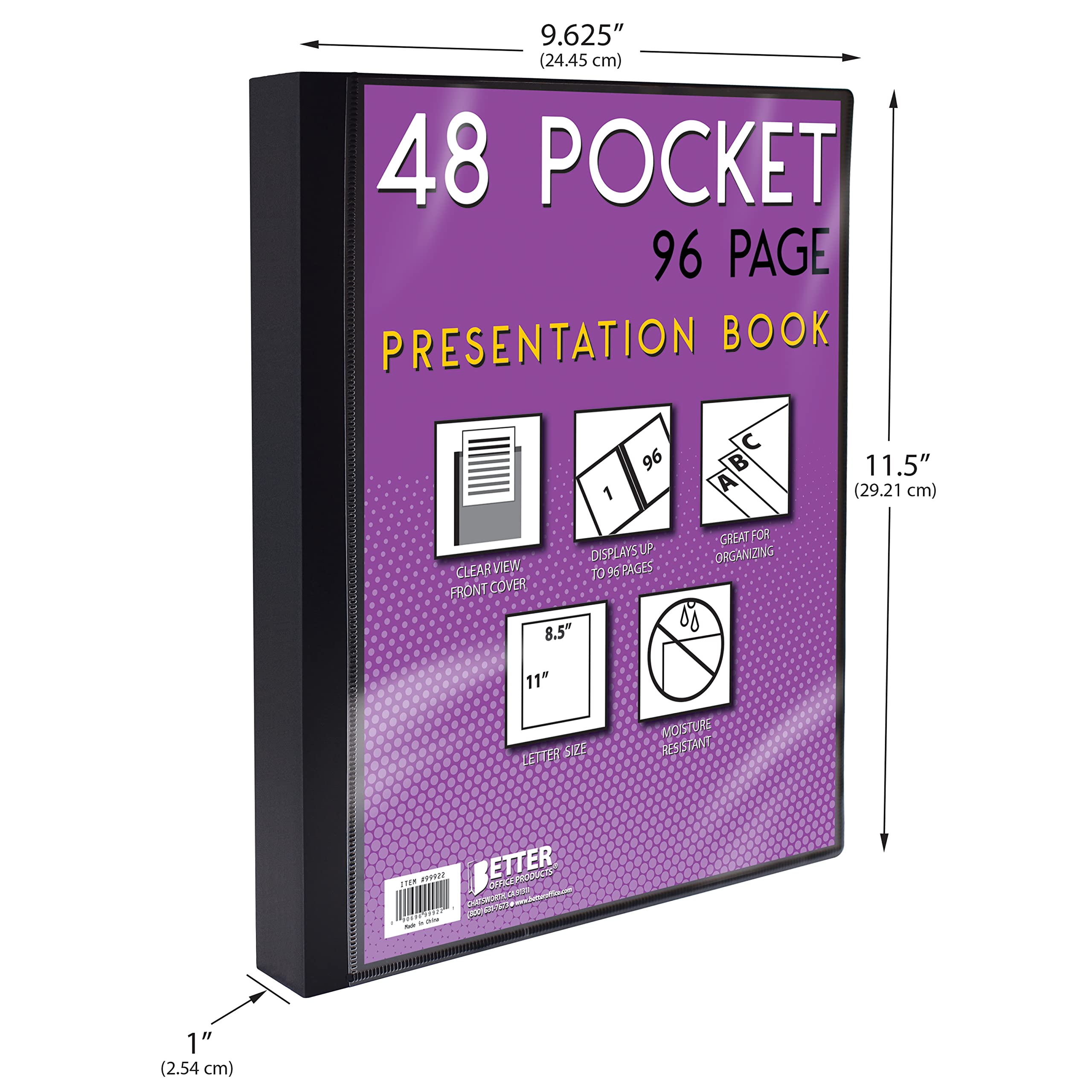 Better Office Products Lot de 4 cahiers de présentation à 48 pochettes - Couleurs assorties - Avant transparent - 96 pages de protection - Feuilles de 21,6 x 27,9 cm