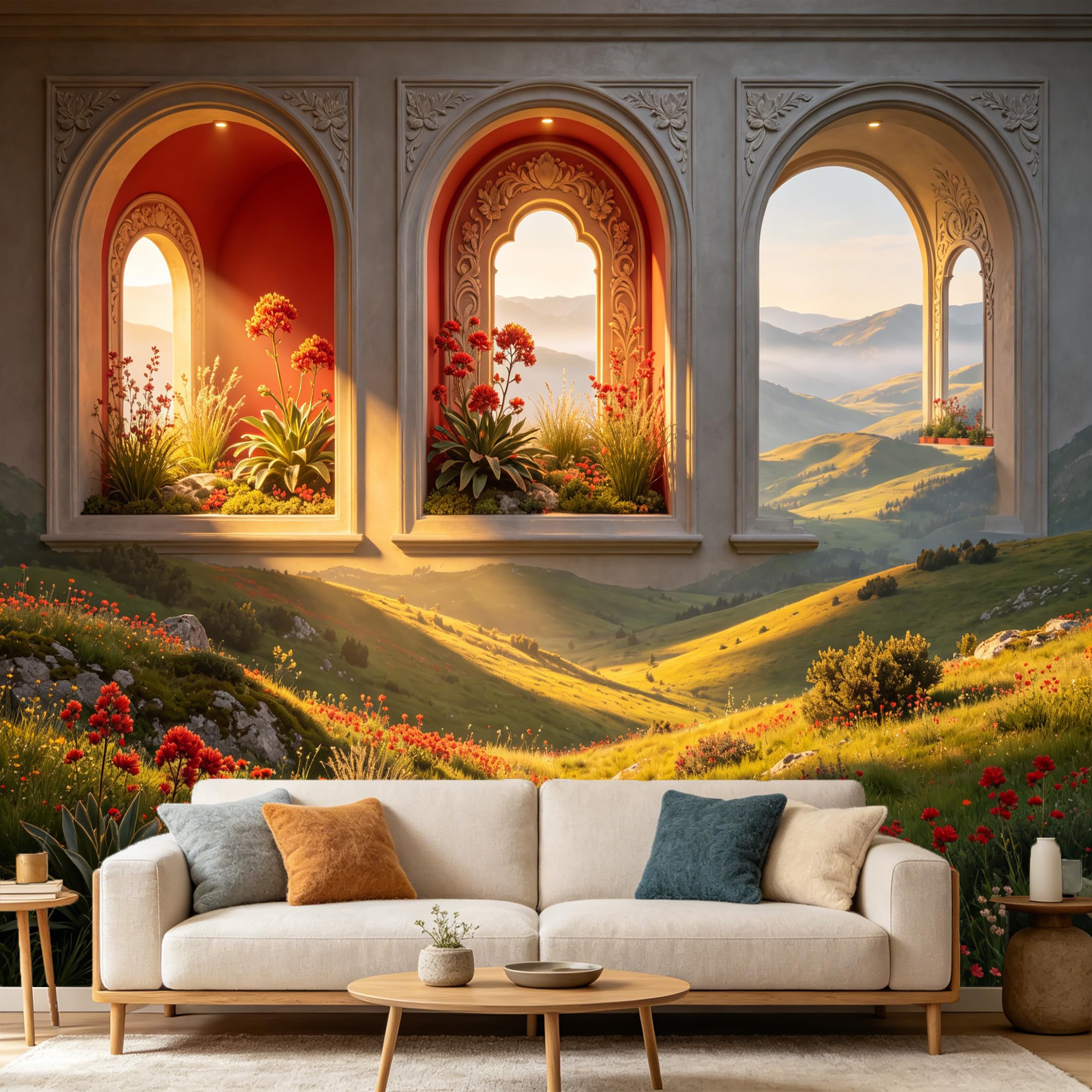 Custom Size Wall Mural， 3D Trompe L'Oeil Mediterranean Archway Hillside Meadow Botanical Landscape， SelfAdhesive Art Prints wall Fabric Removable Large Wallpaper Home Living Room Decor