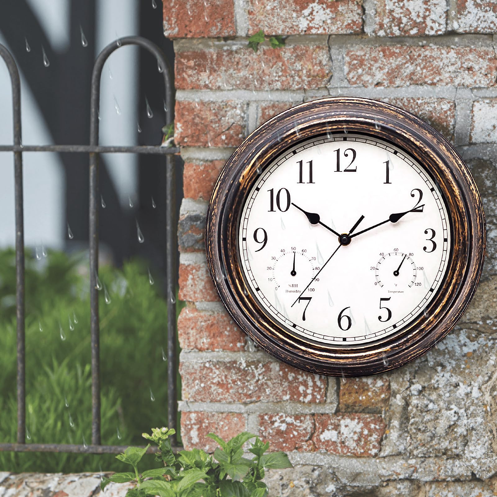 SUNOYA Orologio da giardino, resistente alle intemperie, impermeabile, 30 cm, con termometro e igrometro, per esterni, stile retrò, per bagno, giardino, cucina, veranda, senza ticchettio