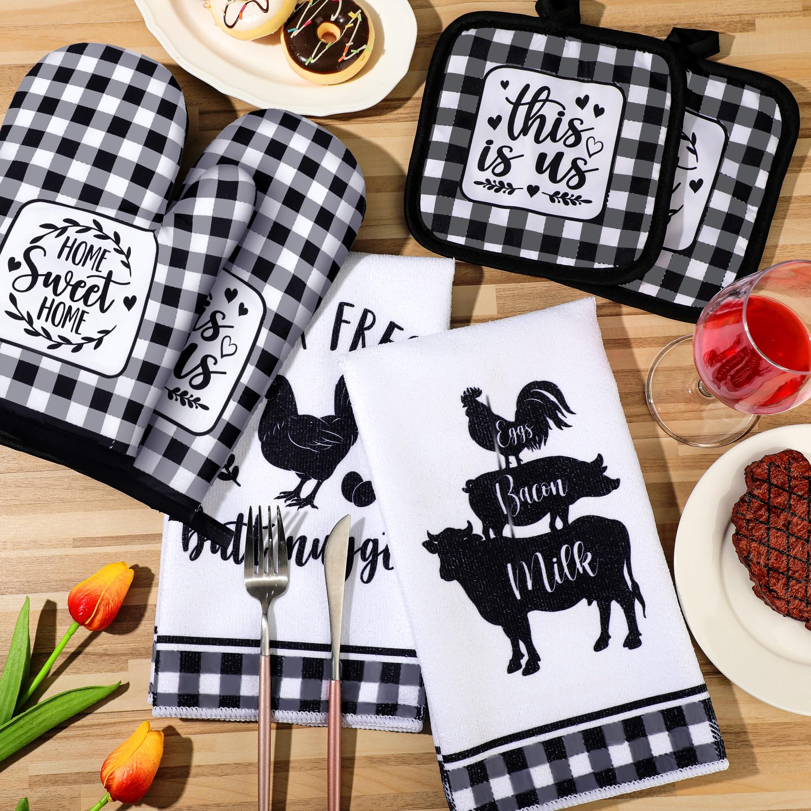 Juego de 6 paños de cocina de mármol de granja, soportes para ollas y guantes de horno, color rosa, blanco y dorado, resistentes al calor, decoración de cocina de animales de granja para 3