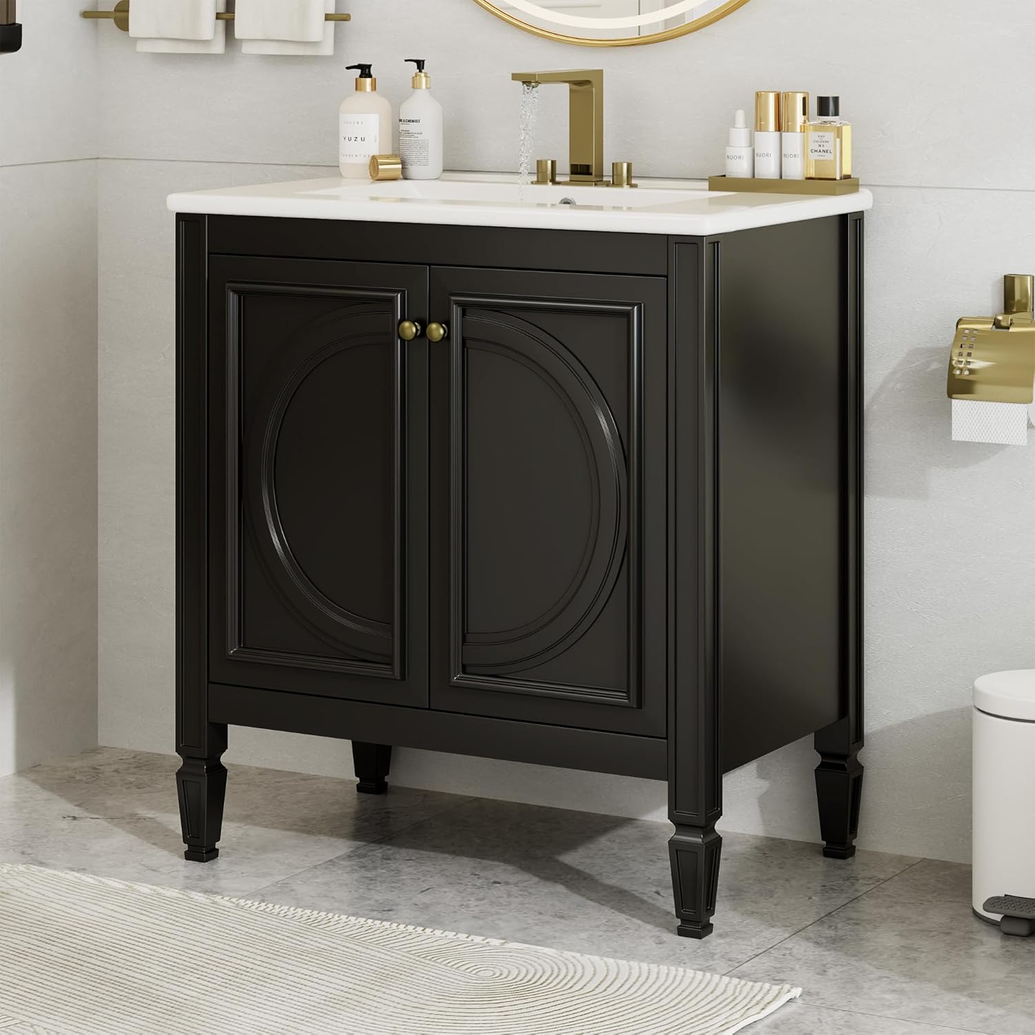 Christopher Knight Home Benton 30" Bathroom Vanity with Ceramic Sink, Rubberwood Frame, Adjustable Shelves, Soft Close Door Hinges, Storage Cabinet with 2-Tier Door Organizer, 1 Drawer, Black