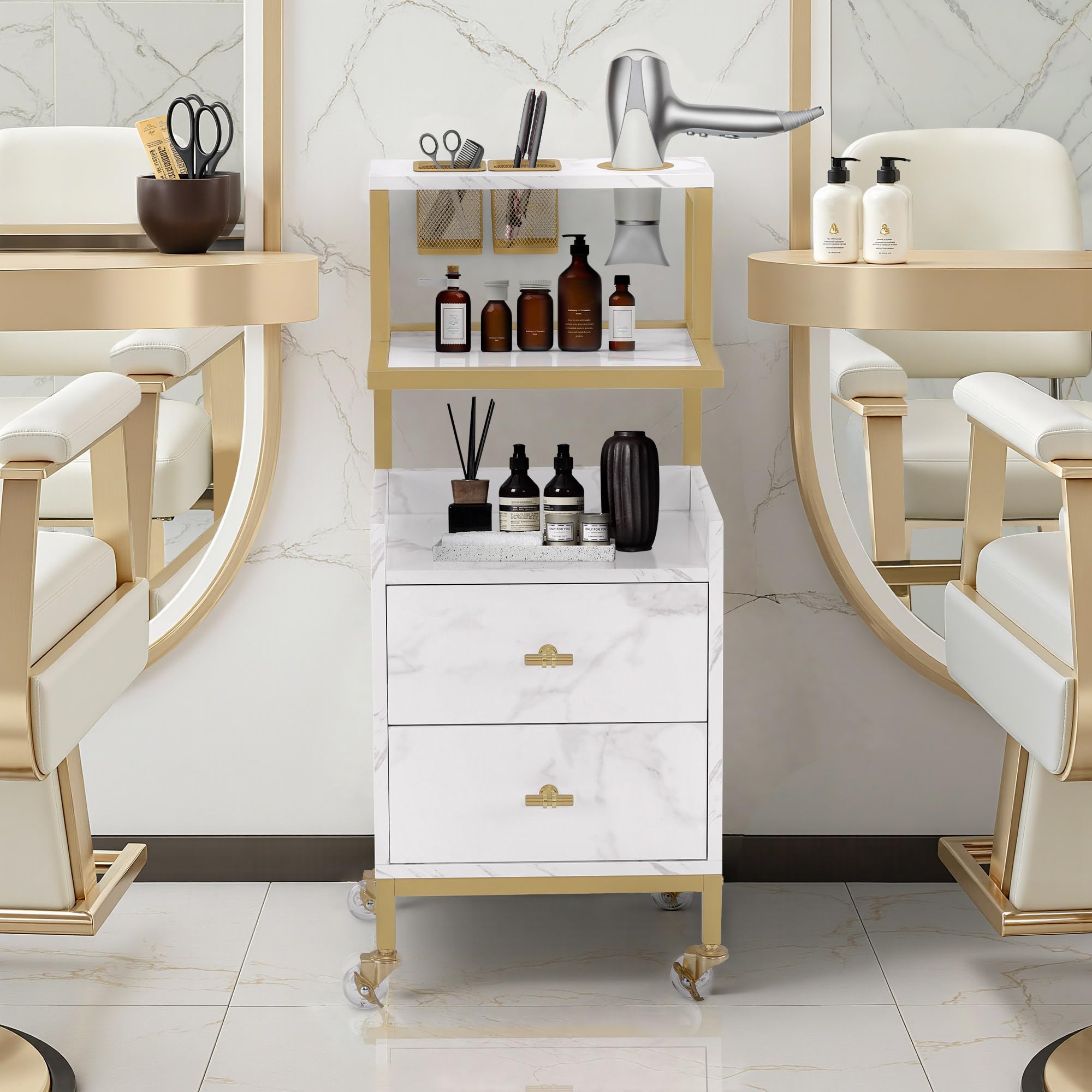 Barberpub de Coiffure avec roulettes et 2 tiroirs, 2 étagères, 32x37x87cm, Blanc-Or