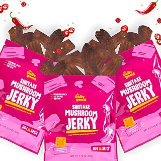 The Daily Good Mushroom Jerky - 3-Pack Snacks, Yummy High-Fiber Mushroom Snack, Meatless & Gluten-Free Food, Contains Eggs, Made from Shiitake Stalk, 0.58 lbs., Vegetarian, Hot & Spicy Flavor