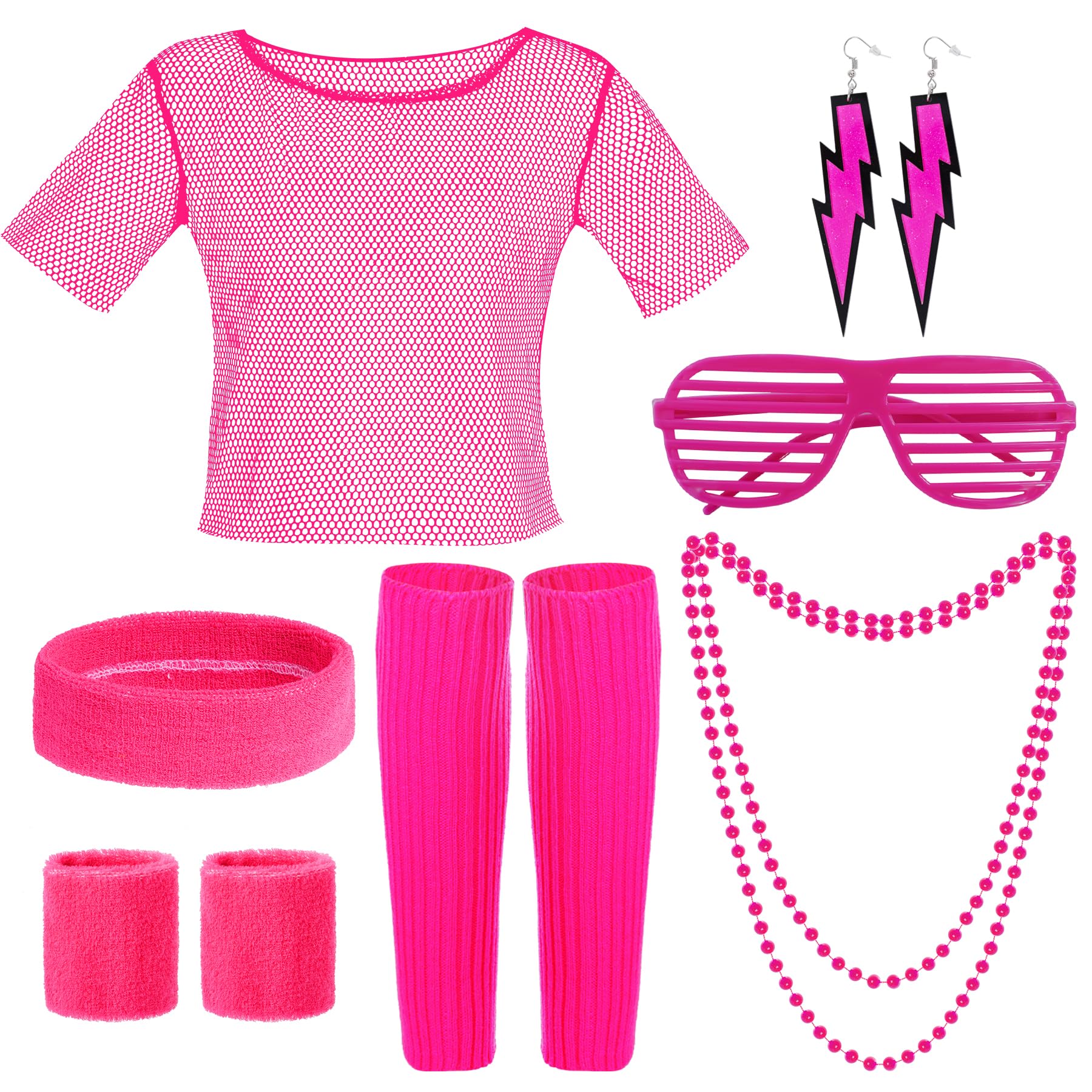 Yymobt80s Costume Accessories Set, 80s Outfits Costume Accessories for Women, with Off Shoulder T-Shirt Headband Legwarmers Eyeglass Earrings Necklace for Ladies Women Cosplay Party Dress Up (Pink)