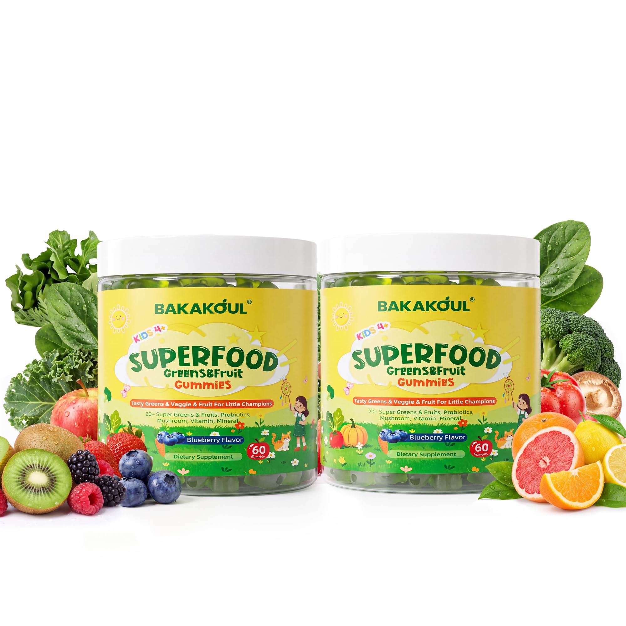 Kids Super Greens Gummies,Daily Superfood Gummy Veggie,Fruit,Vitamin | Mineral,Support DigestiveGrowth,Immunity,Picky Eater Approved,Blue berry Flavor,Sugar Free 120 Gummies/2 Pack