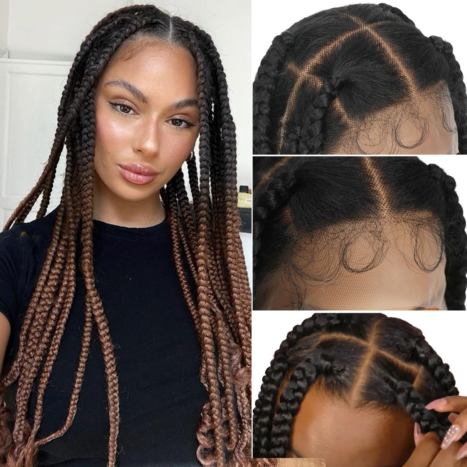 Photo 1 of Lady Miranda Full Lace Jumbo Braided Wigs for Black Women Knotless Box Braid Wig with Baby Hair 32" Glueless Wigs Jumbo Box Braids Lace Front Synthetic Wig (1B/30)