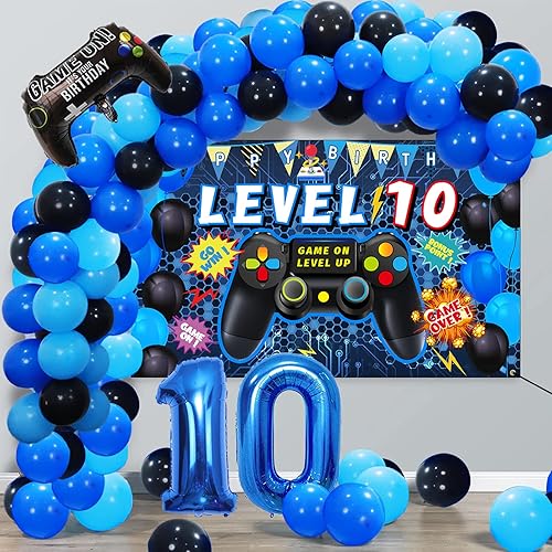 Miniatura 9 de Juego de 90 decoraciones de fiesta de videojuegos de cumpleaños número 10 para niños, suministros azules de 10º cumpleaños, telón de fondo de