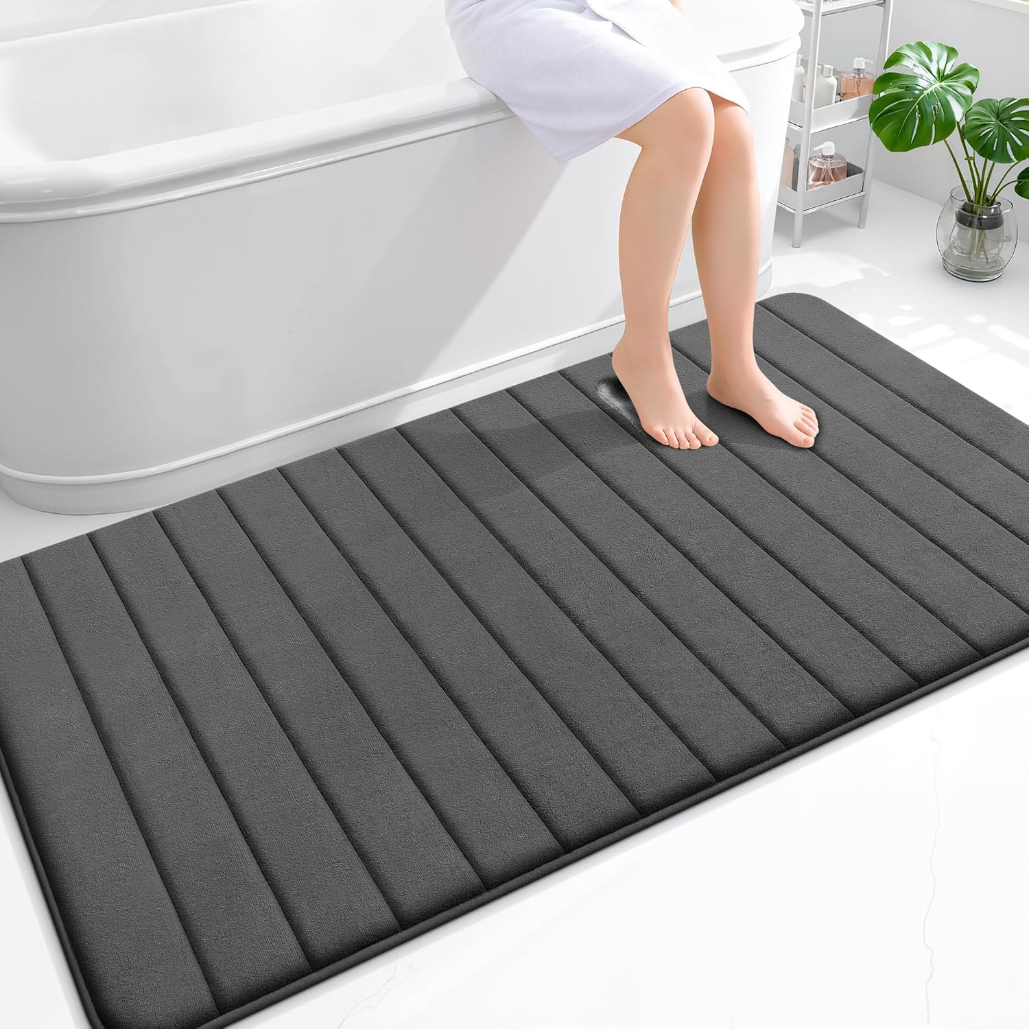 OLANLY Memory Foam Bath Mat 59x35, Super Soft Absorbent Bathroom Rugs, Quick Dry, Machine Washable Shower Floor Rugs, Bathmat Carpet, Bathroom Home Decor Accessories, Black