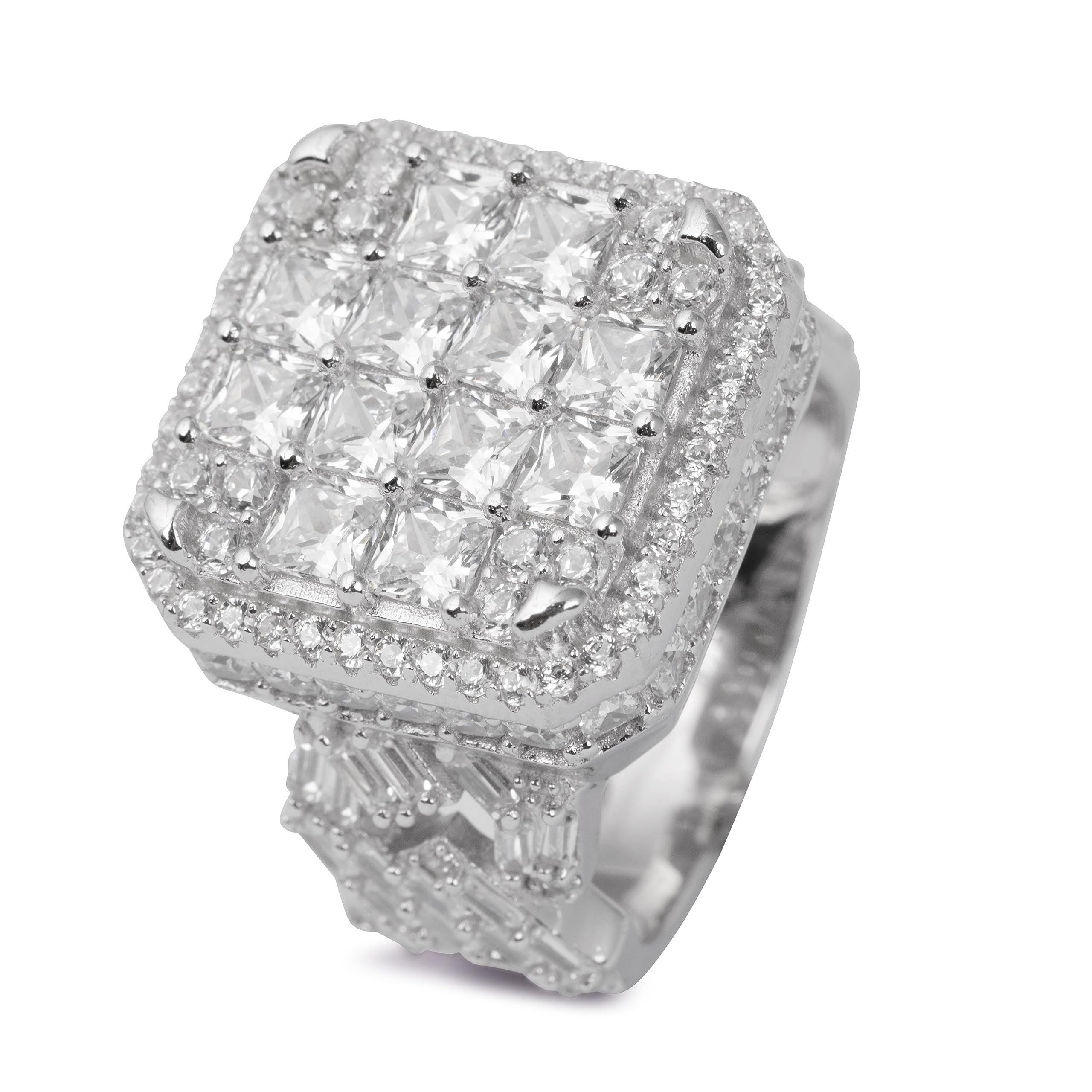 TOUCH925 Pure Sterling Silver Soft Edge Cubic Zirconia Studded Square Statement Ring for Men | Gifts for Men
